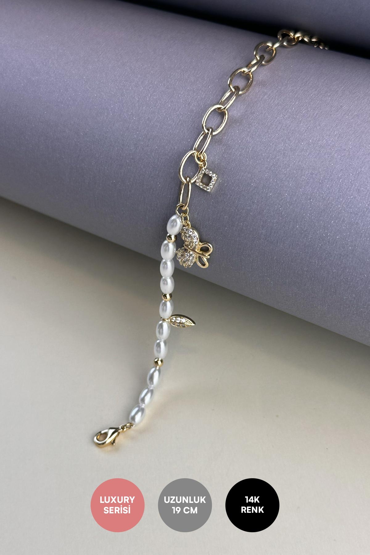 Gold Zirkon Kelebek Sallantılı İnci Boncuk Tasarım Luxury Bileklik ABL7164