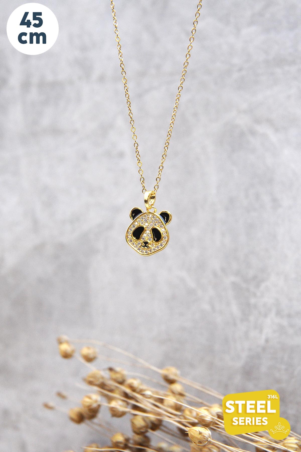 Gold Zirkon Taş Detay Panda Çelik Kolye AKL2493