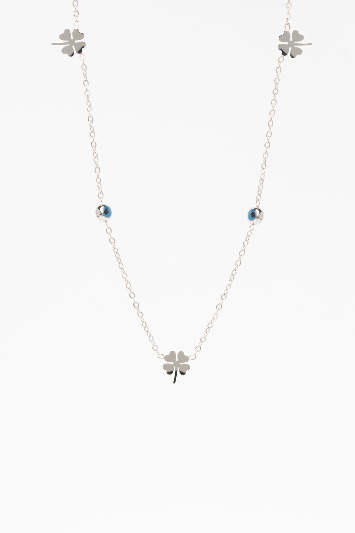 Silver Minimal Zincir Mini Yonca Sıralı Nazarlık Detay 45cm Çelik Kolye AKL4364