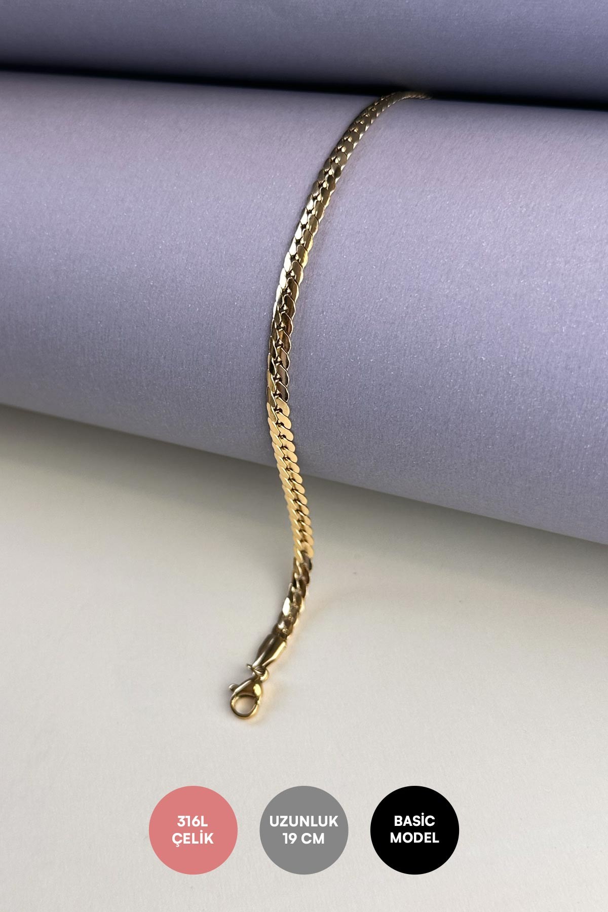 Gold Slim Yassı Zincir Basic Çelik Bileklik ABL6616