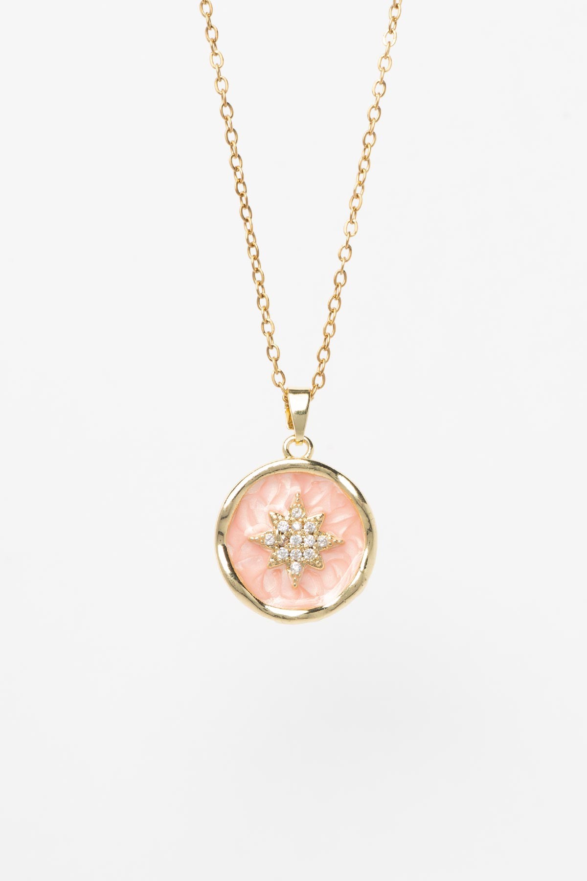 Gold Minimal Zincir Pembe Mineli Zirkon Detay Kuzey Yıldızı Madalyon Tasarım Çelik Kolye AKL4029