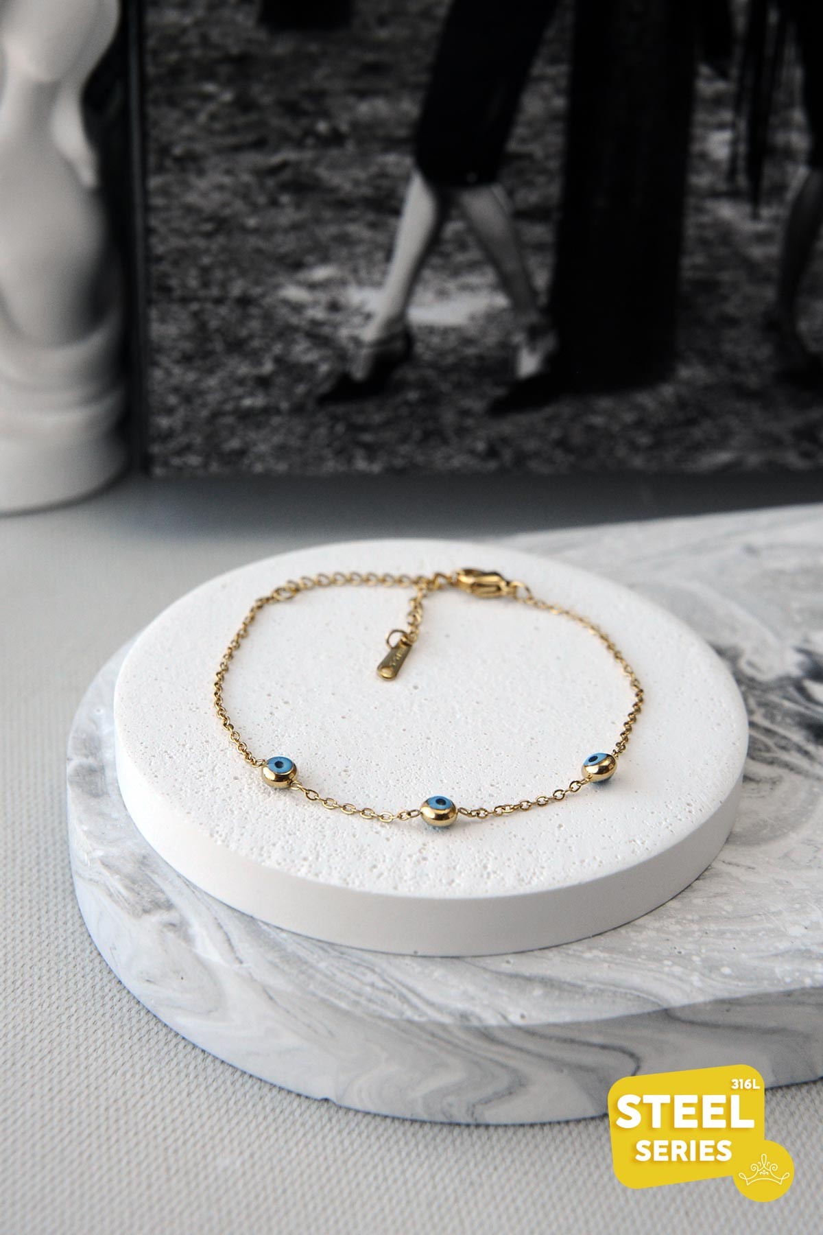 Nazarlıklı Topçuklu Gold Çelik Bileklik ABL0984