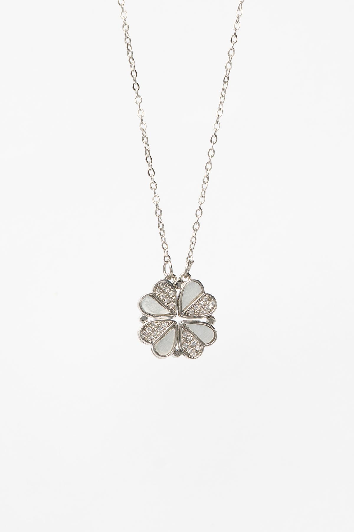 Silver Minimal Zincir Zirkon Ve Sedef Detay Kalp Tasarım Yonca Çelik Kolye 45 cm AKL4157