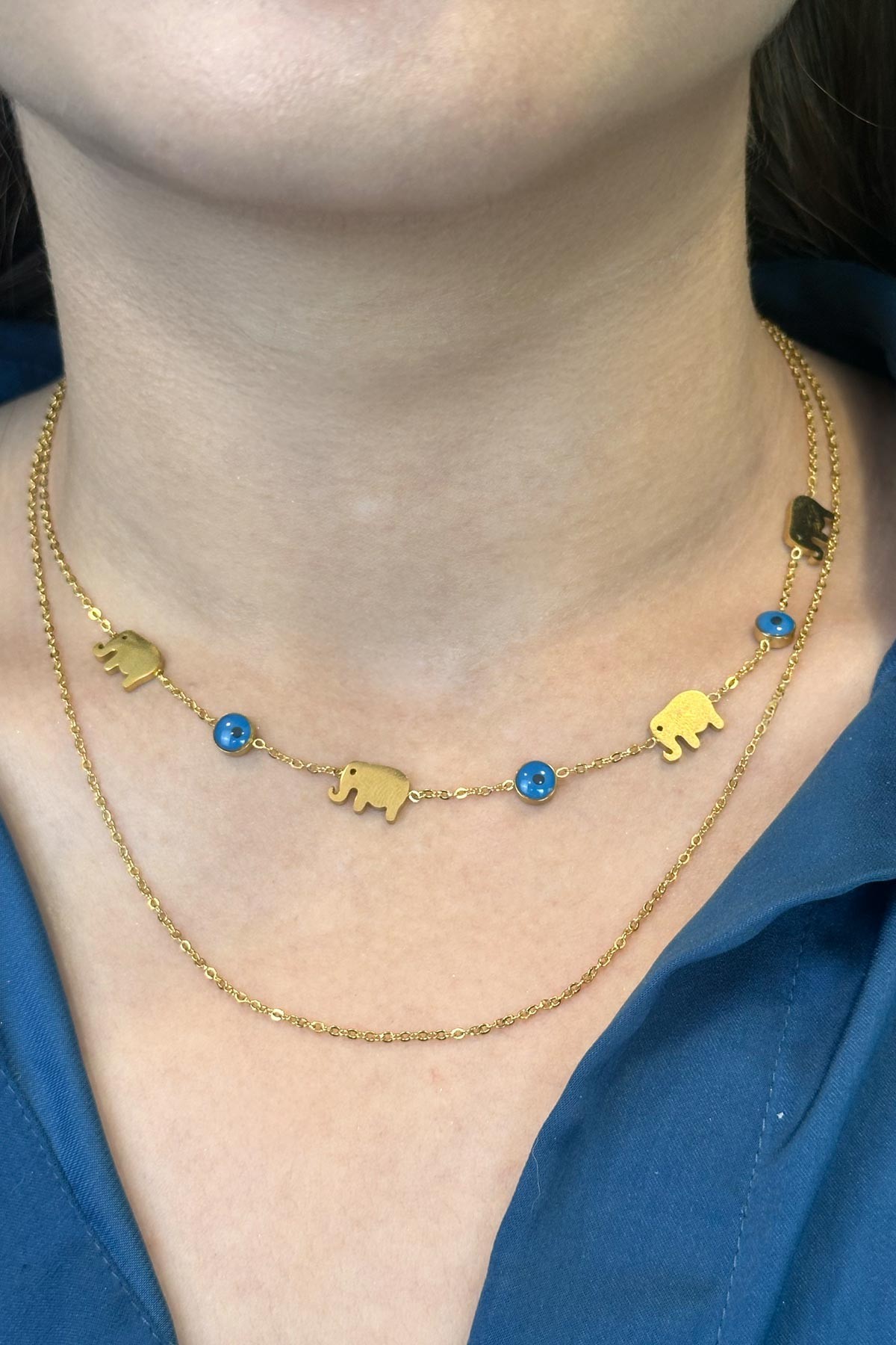 Gold Minimal Zincir Topçuk Detay Firuze Topçuk Ve Kristal Damla Sallantılı Çelik Kolye 45cm AKL3785
