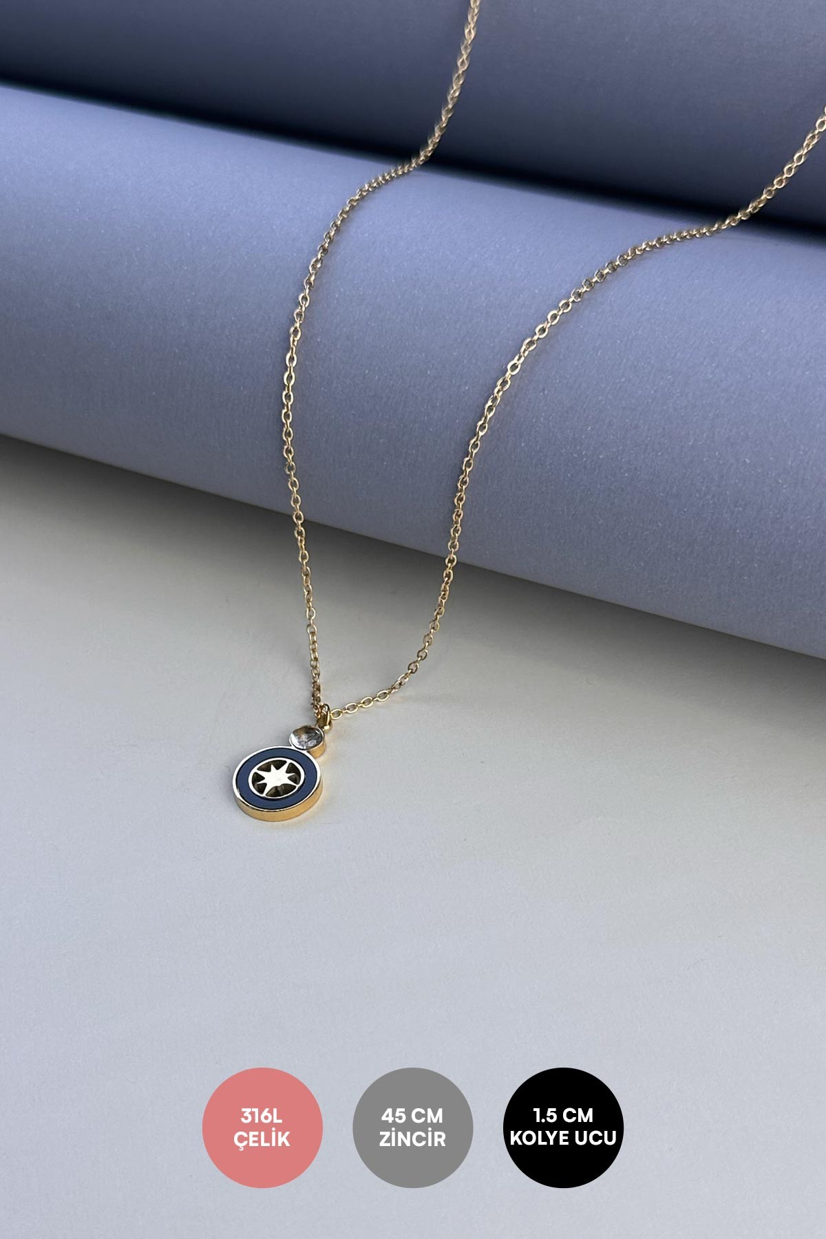 Gold Minimal Zincir Tektaş ve Siyah Sedef Detay Daire İçinde Kuzey Güneşi Sallantılı Çelik Kolye 45 cm AKL3769