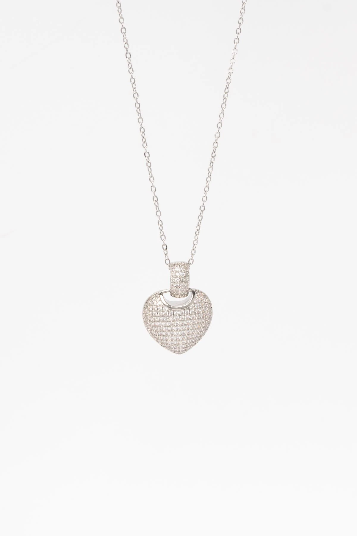 Silver Zirkon Kaplı Dolgulu Büyük Kalp Sallantılı 45cm Çelik Kolye AKL4329