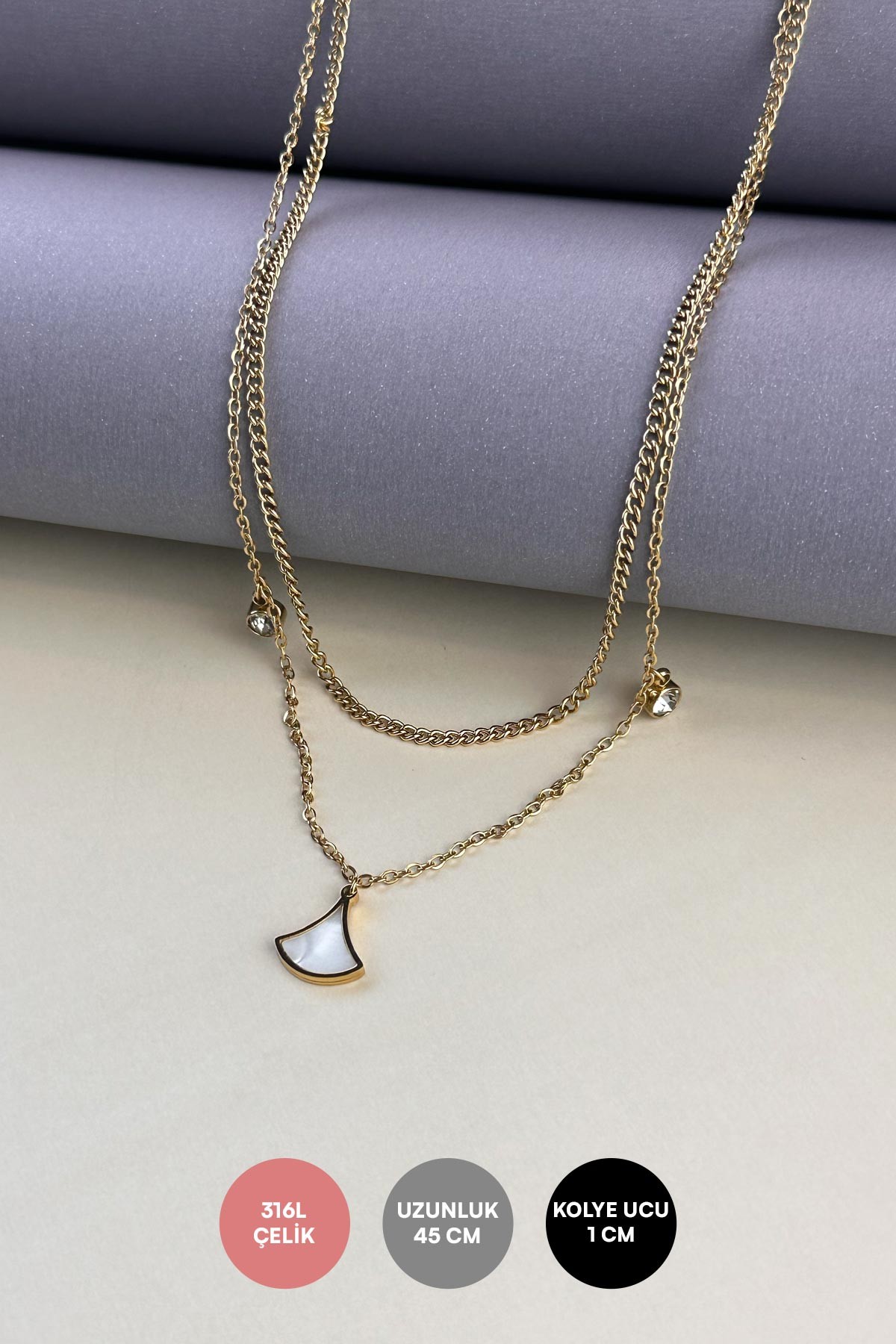 Gold Çift Zincir Tektaş Ve Oval Kenarlı Sedefli Üçgen Detay Çelik Kolye 45 cm AKL3863