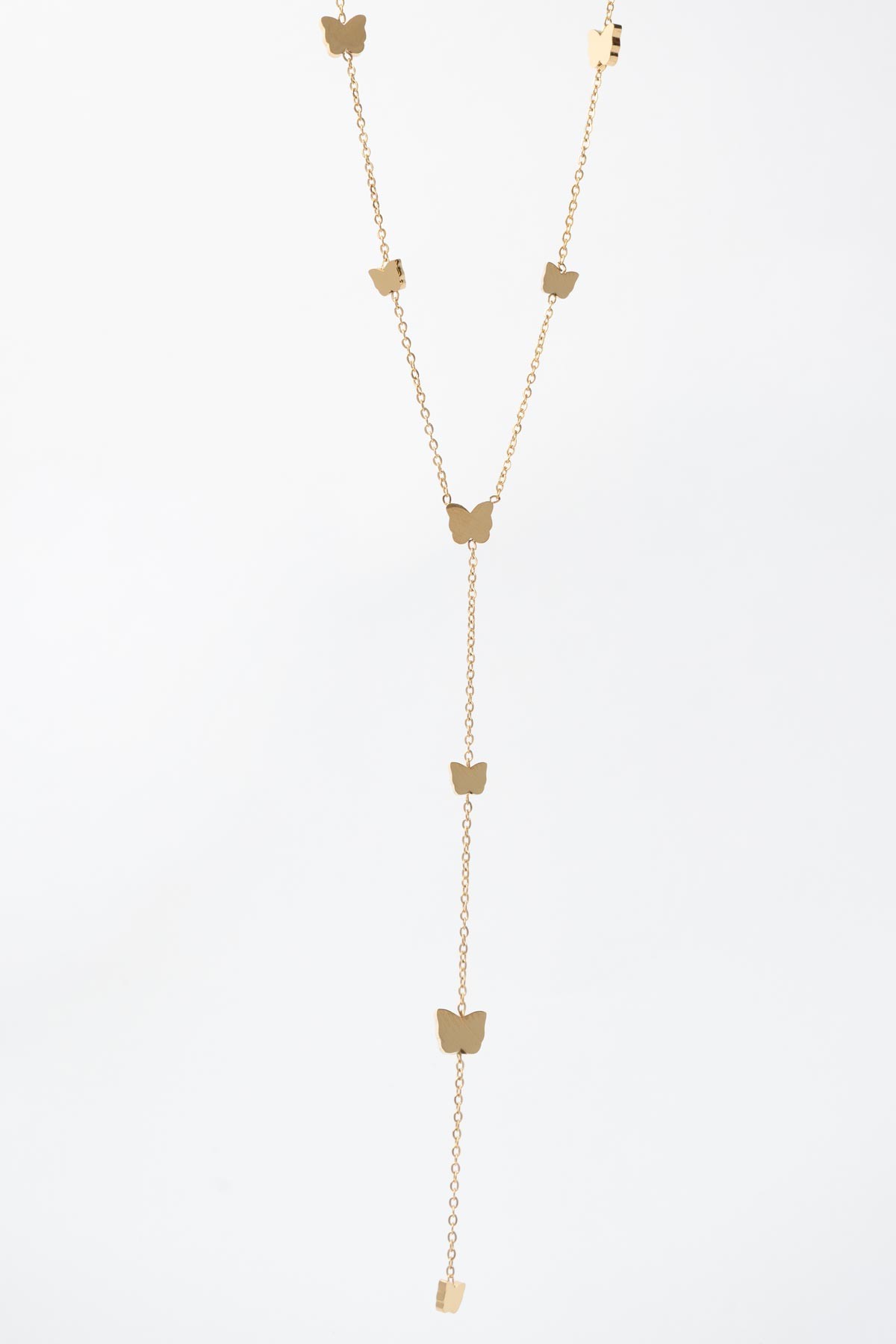 Gold Minimal Zincir Y Tasarım Mini Kelebek Sıralı 45cm Çelik Kolye AKL4182