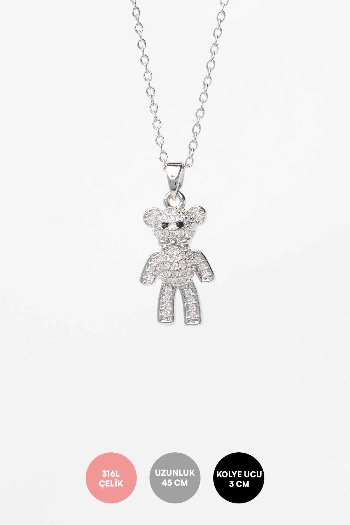 Silver Minimal Zincir Zirkon Kaplı Ayıcık Sallantılı 45cm Çelik Kolye AKL4192