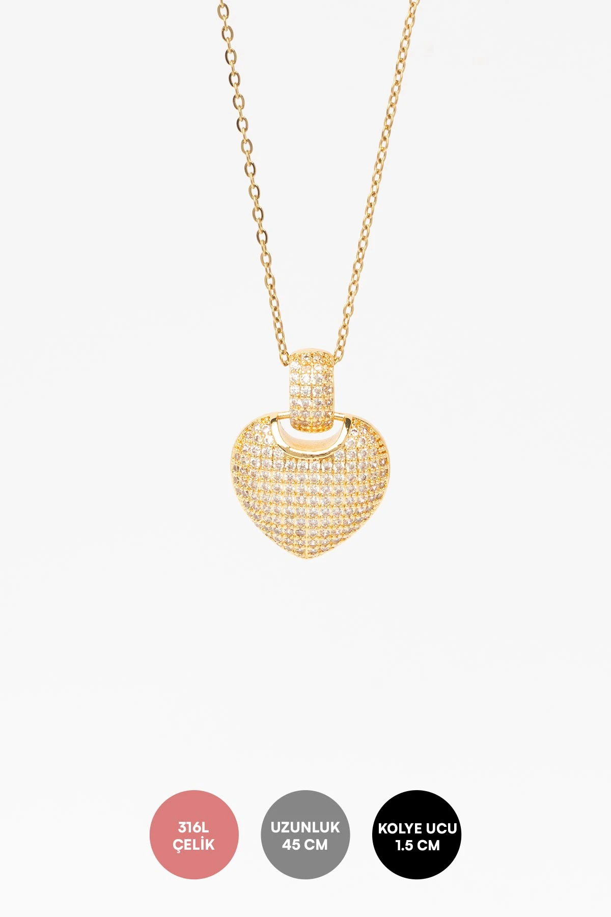 Gold Zirkon Kaplı Dolgulu Büyük Kalp Sallantılı 45cm Çelik Kolye AKL4328