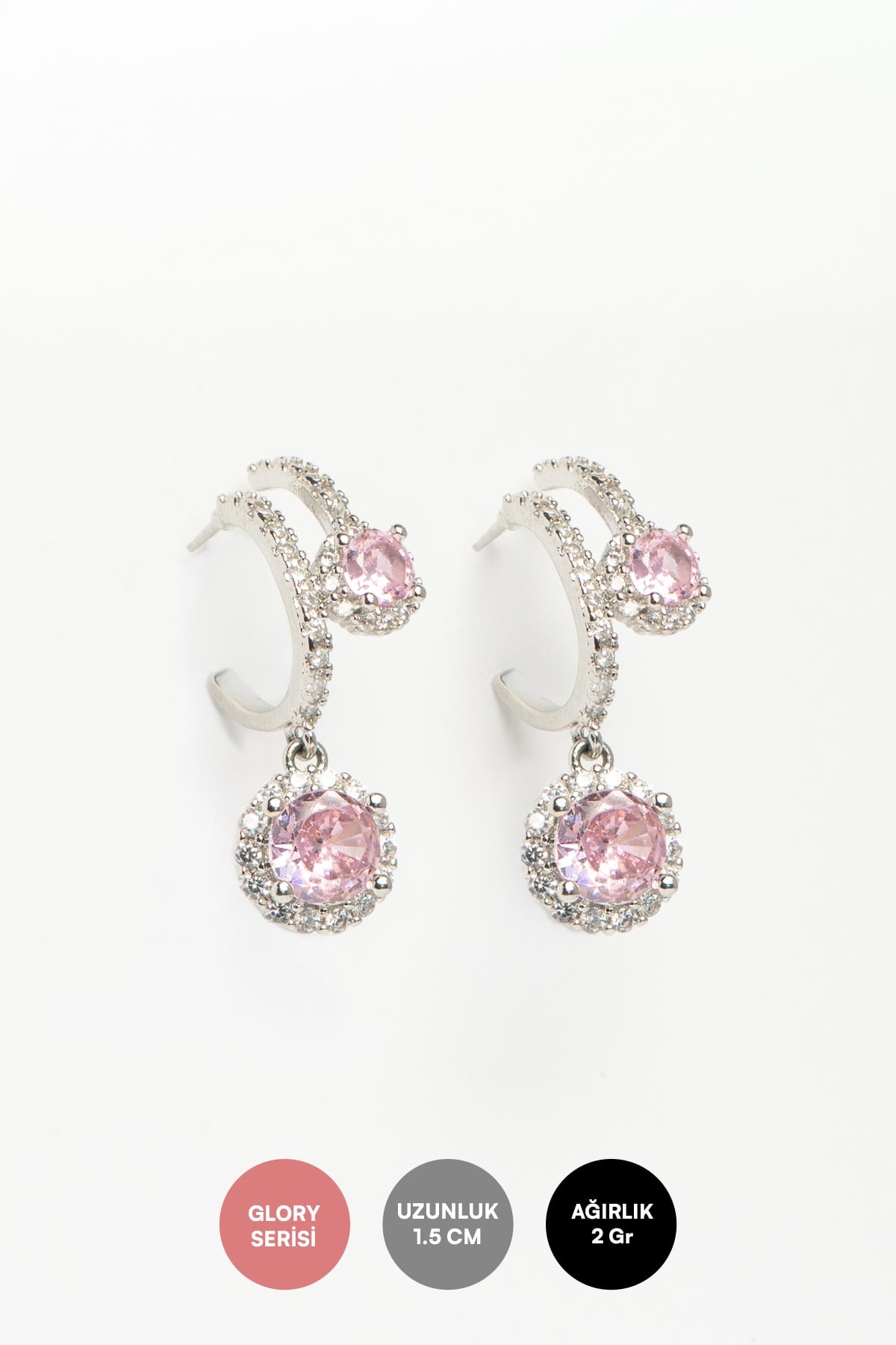Silver Zirkon Taş Sıralı Yarım Halka Tasarım Pembe Kristal Taş Sallantılı Glory Küpe AKE9286