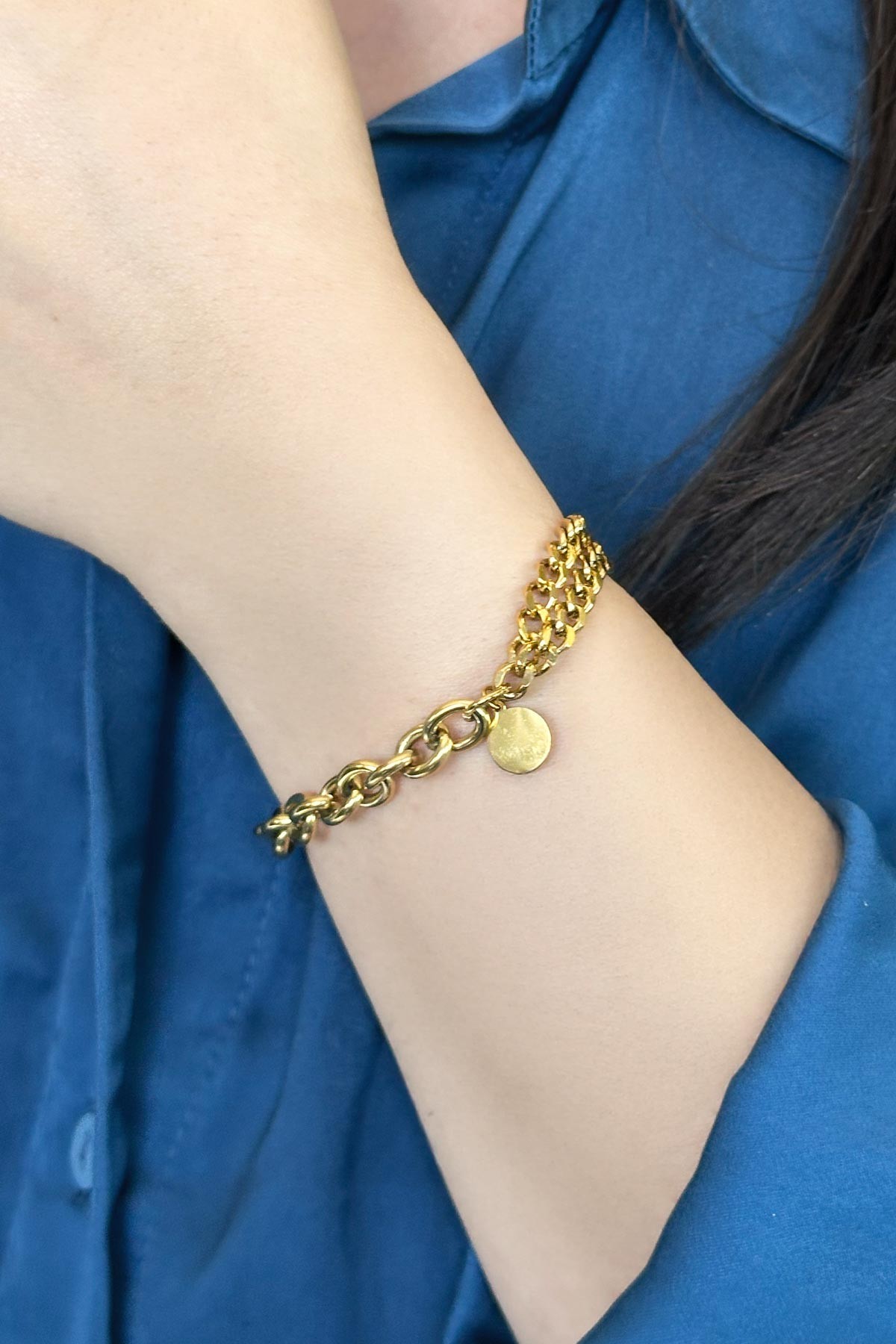 Gold Casual Çift Zincir Minimal Pul Sallantılı Çelik Bileklik ABL7049