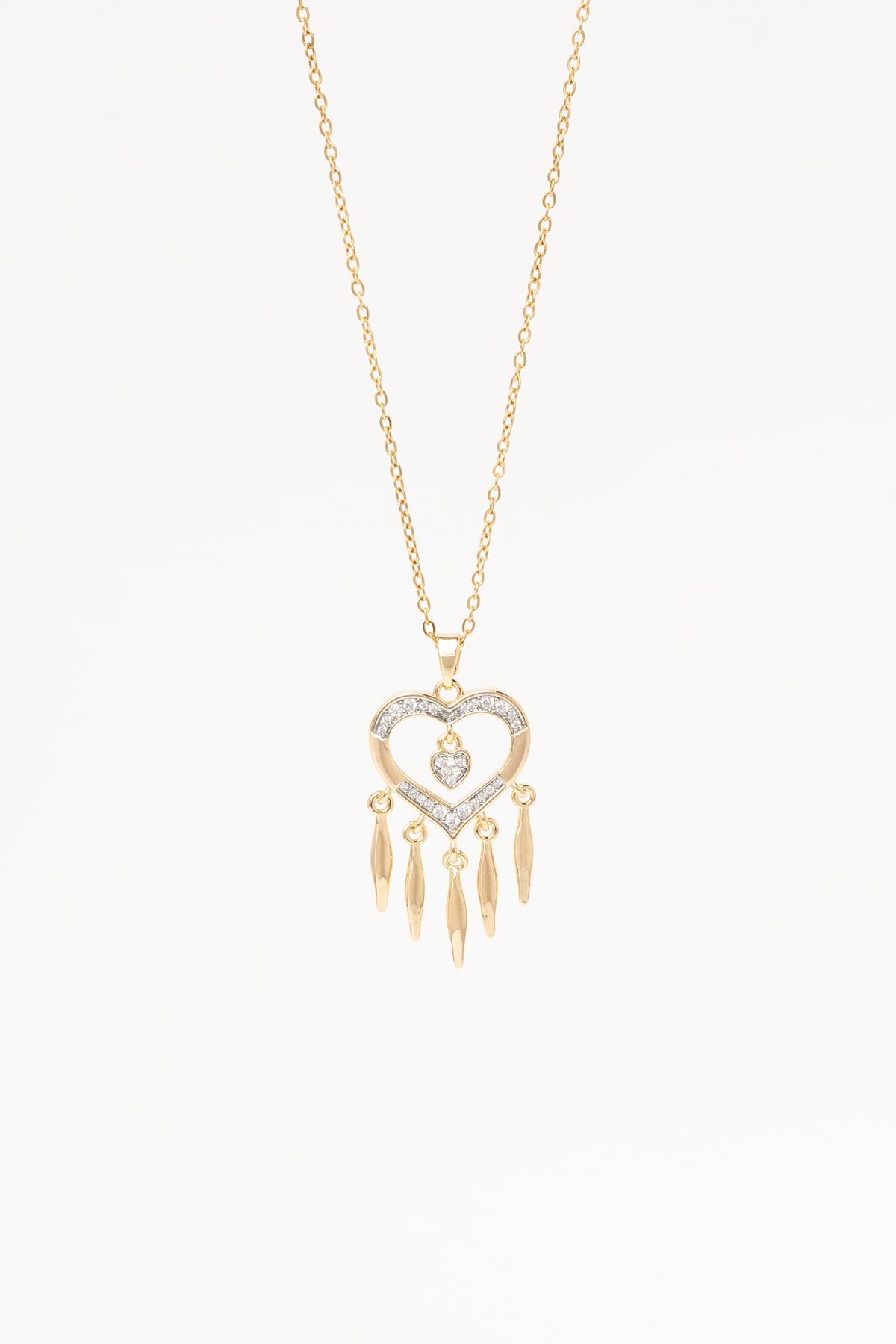Gold Zirkon Detay Kalp Mini Uçlar Sallantılı 45cm Çelik Kolye AKL4352