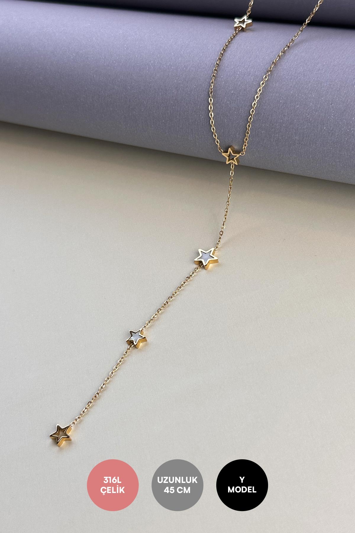 Gold Y Tasarım İçi Boş Ve Sedefli Yıldızlar Çelik Kolye 45 cm AKL3907