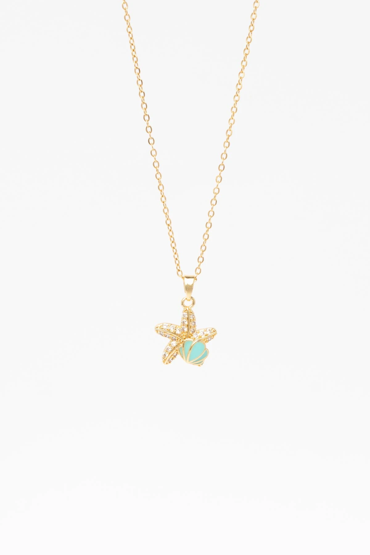 Gold Zirkon Kaplı Deniz Yıldızı Ve Turkuaz Mineli Mini Deniz Kabuğu Sallantılı 45cm Çelik Kolye AKL4316