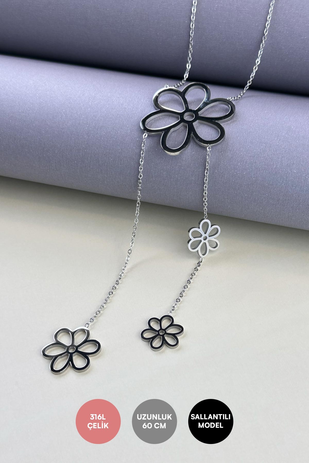Silver Minimal Zincir Dört Boy Papatya Tasarım Çelik Kolye 45 cm AKL3944