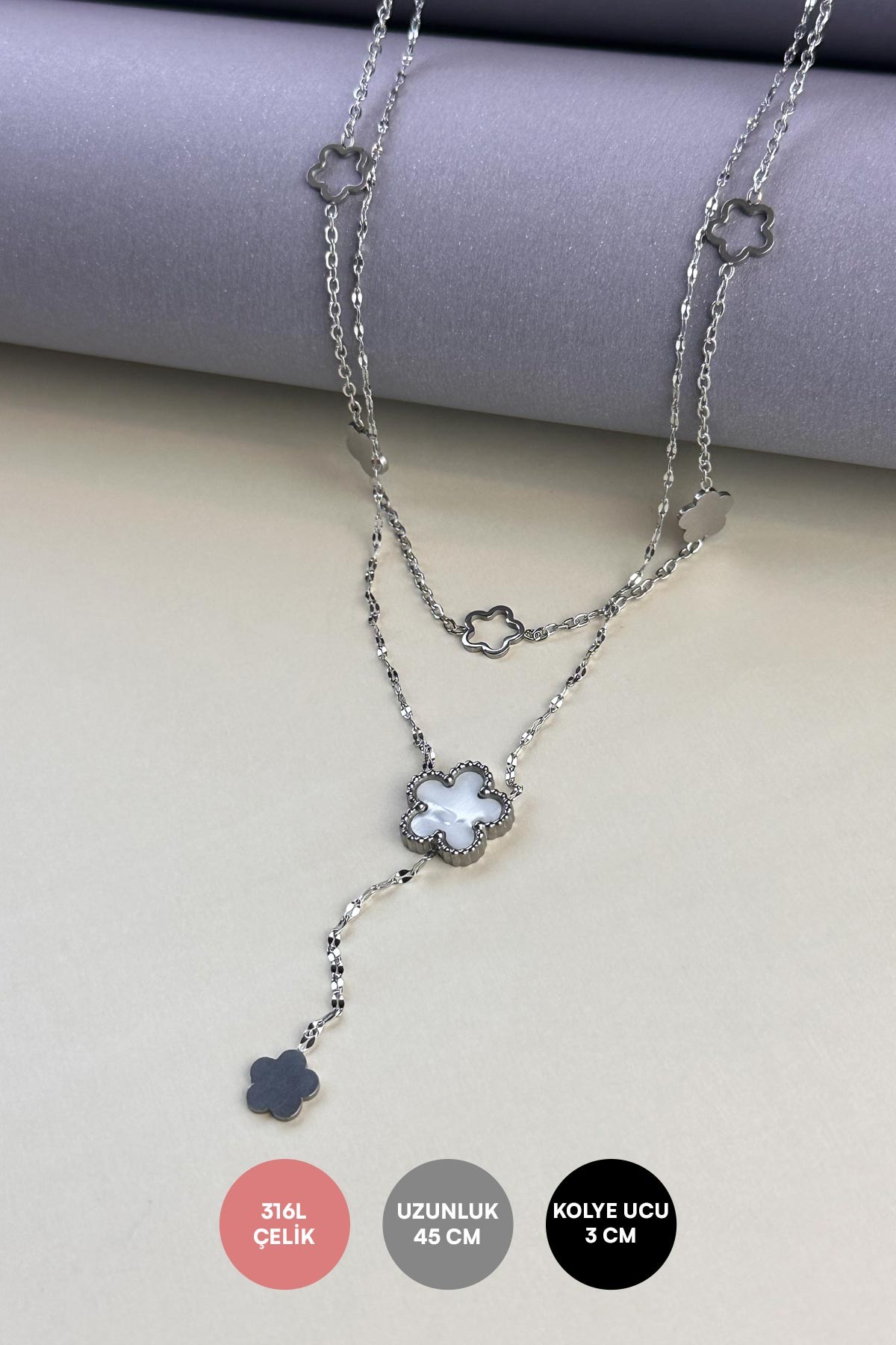 Silver Çift Zincir Sedefli Büyük Ve Minimal Yoncalar Tasarım Çelik Kolye 45 cm AKL3870