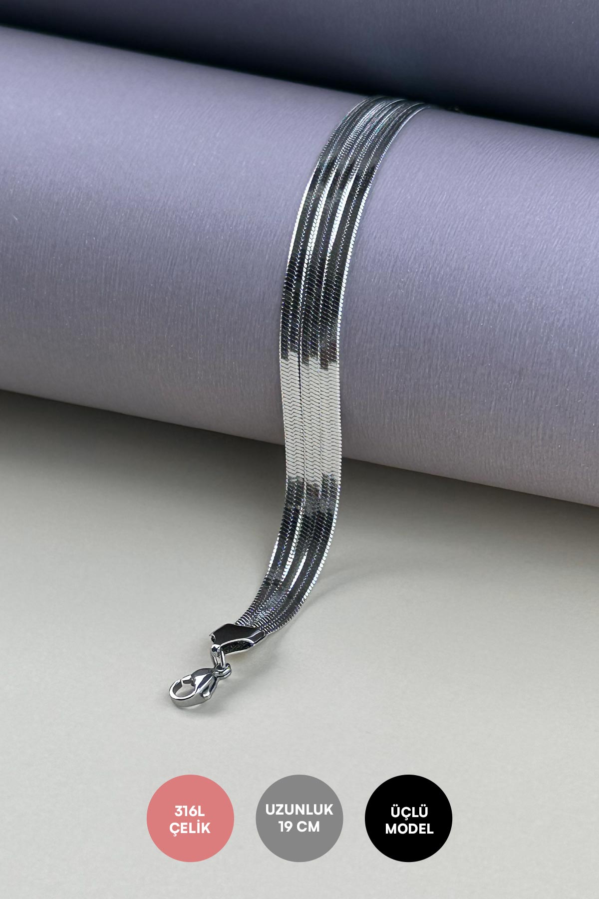 Silver Üçlü İtalyan Zincir Çelik Bileklik ABL1509