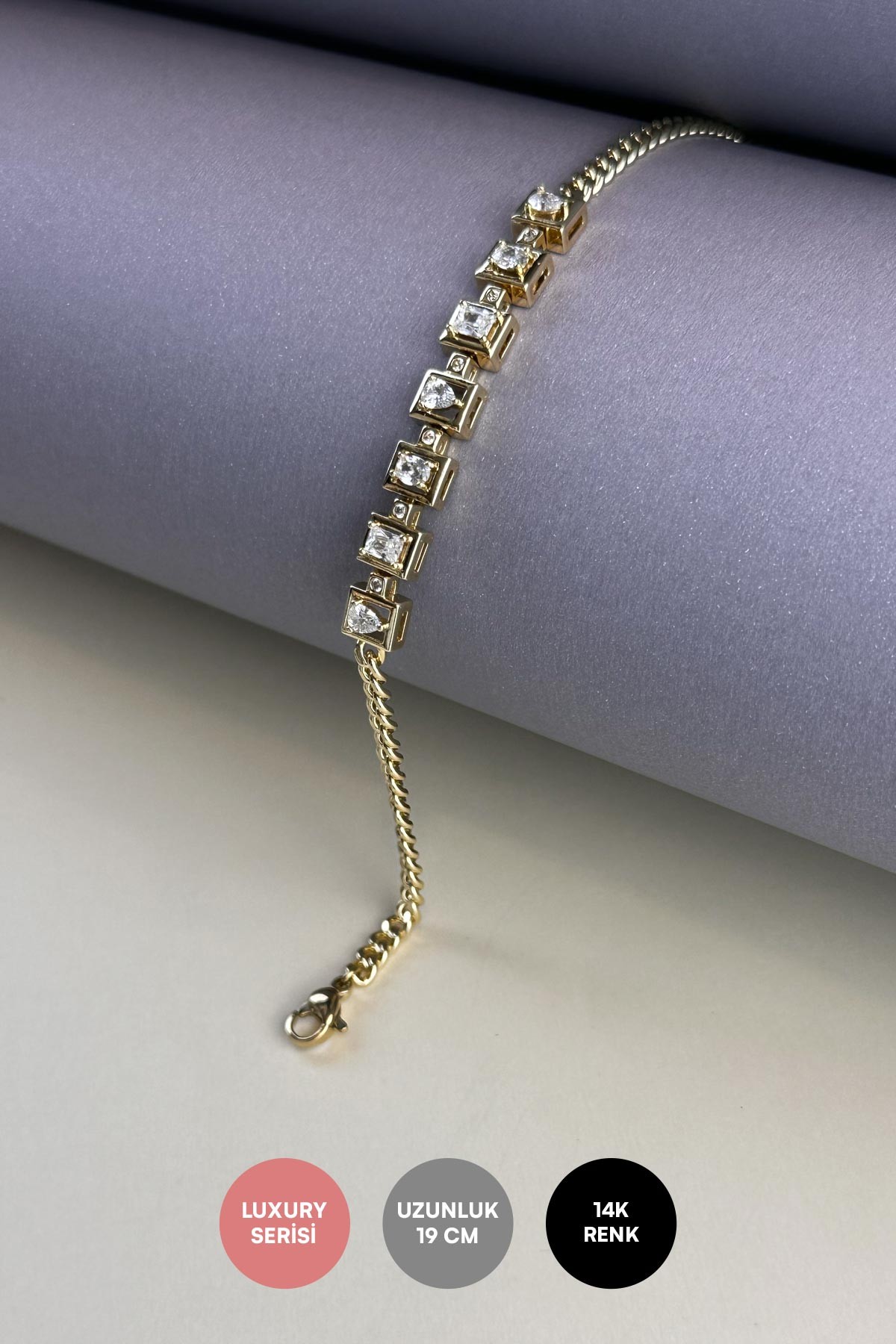 Gold Çerçeveli Minimal Baget Oval Ve Kare Taşlar Tasarım Luxury Bileklik ABL7179