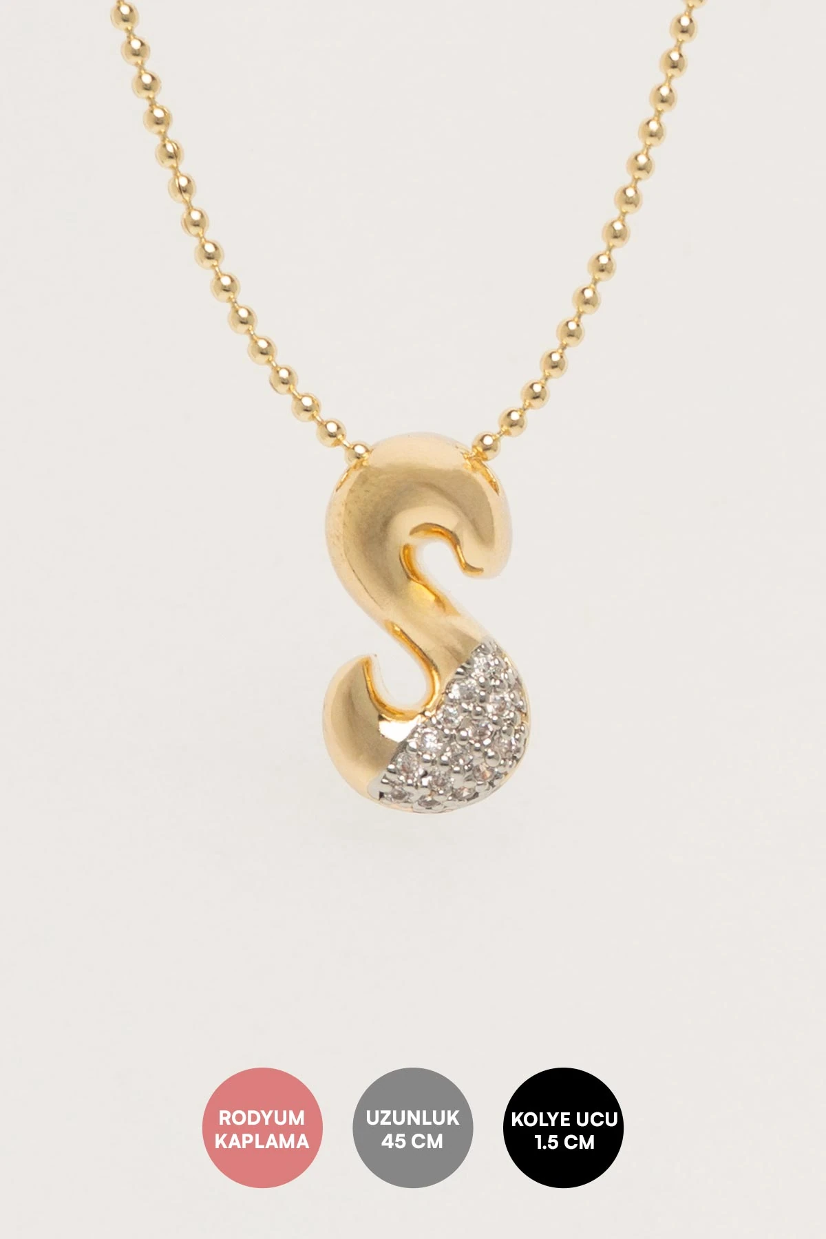 Gold Minimal Topçuk Zincir Zirkon Detay S Harf 45cm Luxury Kolye AKL4444