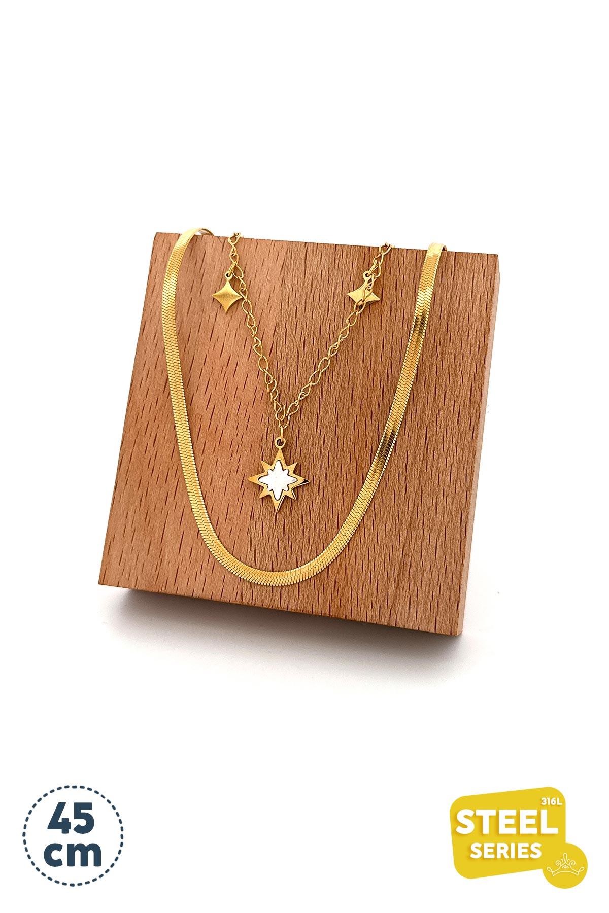 Çift Zincir Tasarım Gold Karo Pullu Sedef Yıldız Çelik Kolye 45 Cm AKL2226