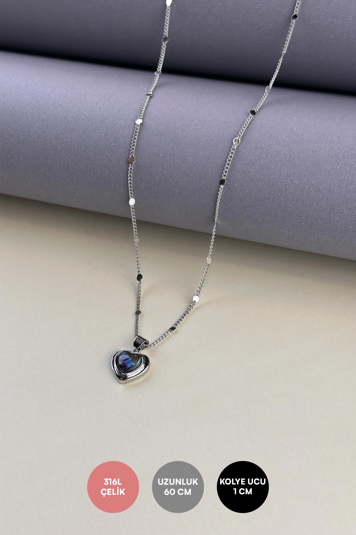 Silver Minimal Pul Sıra Zincir Detay Akrilik Kalp Tasarım Çelik Kolye 45 cm AKL3884