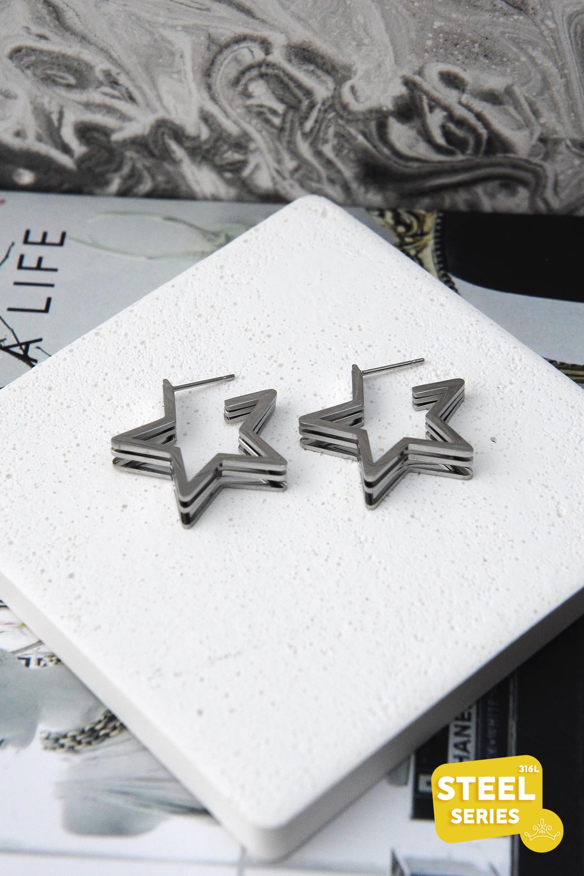 Silver Üçüz Yıldız Çelik Küpe AKE6699