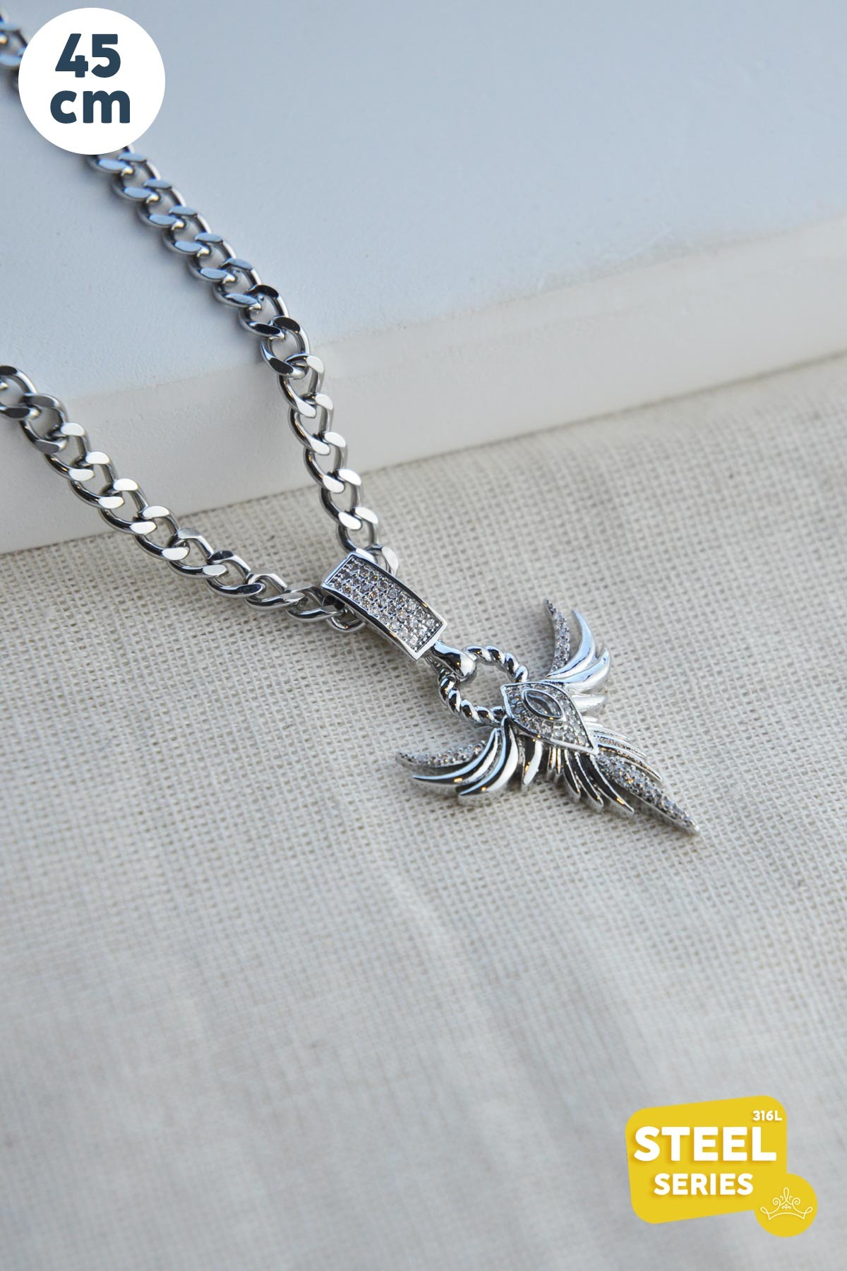 Silver Zirkon Detay Tektaşlı Angel Wings Çelik Kolye 45 cm AKL3448