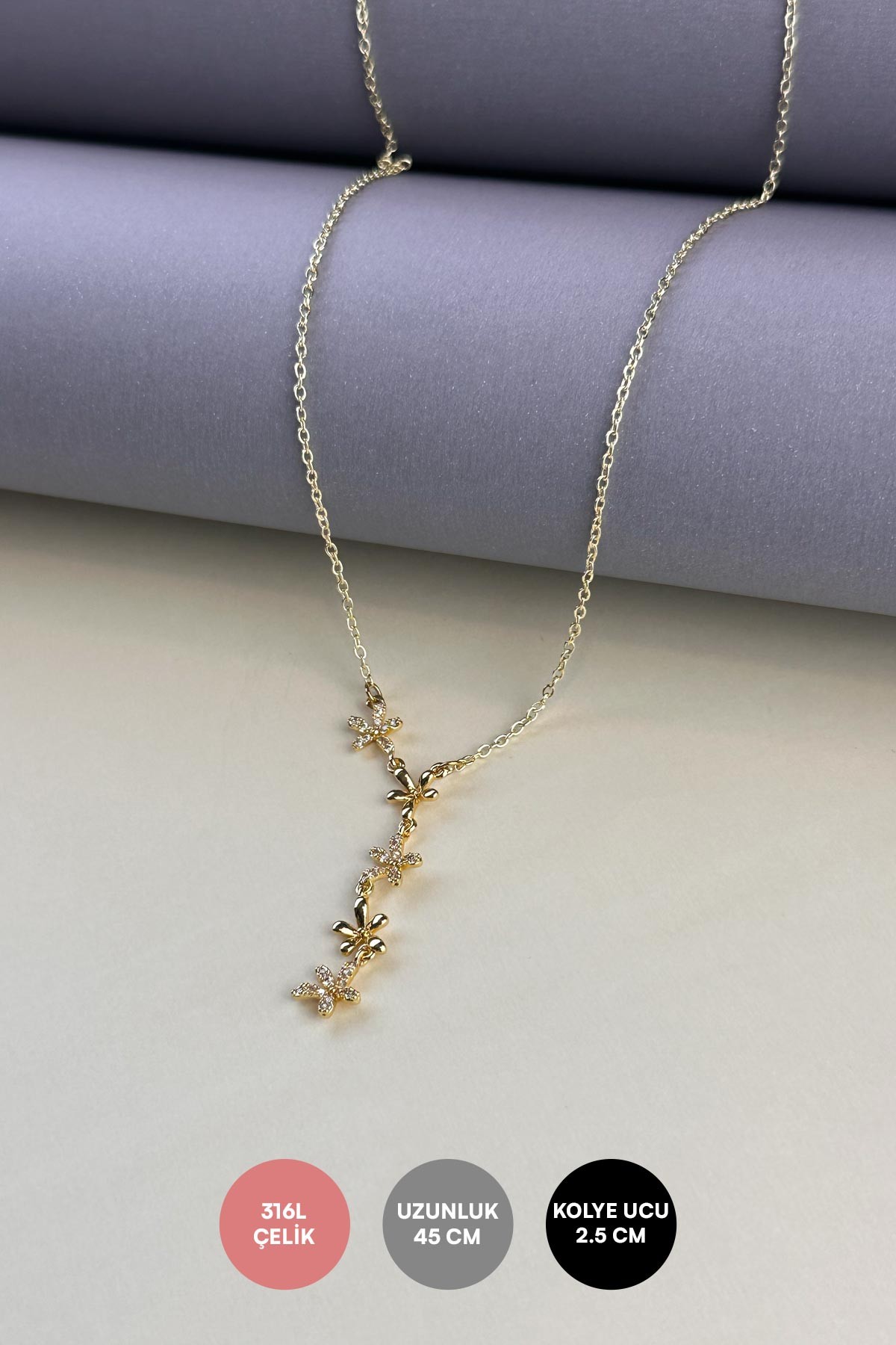 Gold Minimal Zincir Beşli Zirkon Çiçekler Tasarım Çelik Kolye 45 cm AKL3864