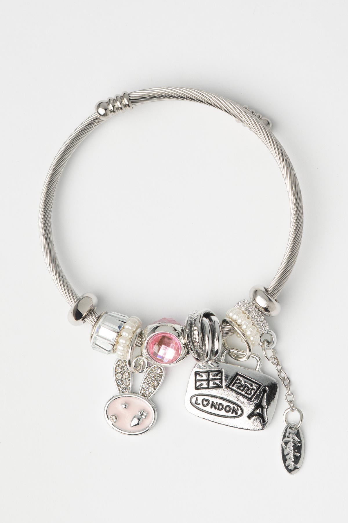 Zirkon Taş Kulaklı Pembe Tavşan Yüzü Paris Londra Yazılı Plaka Charm Sallantılı Bileklik ABL7356