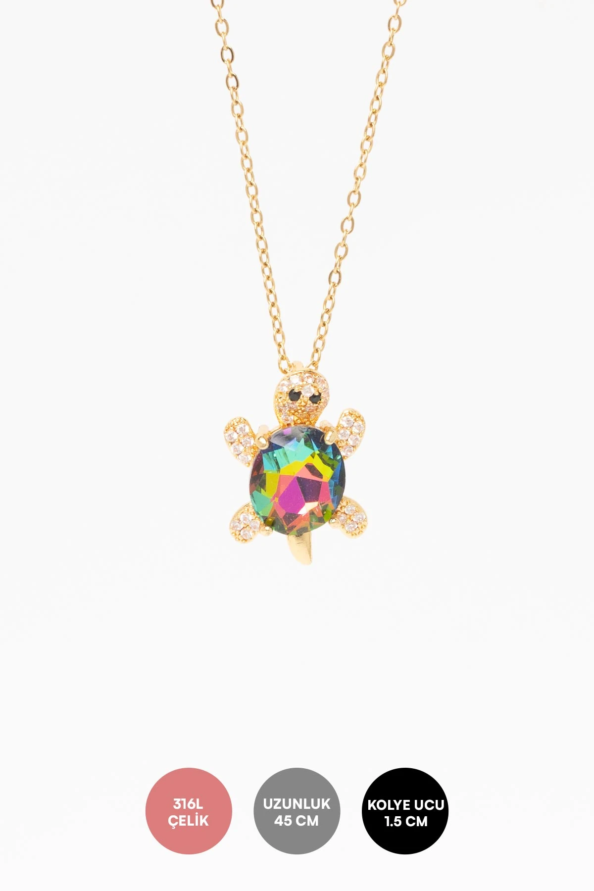 Gold Zirkon Detay Büyük Renkli Taş Kabuklu Kaplumbağa Sallantılı 45cm Çelik Kolye AKL4339