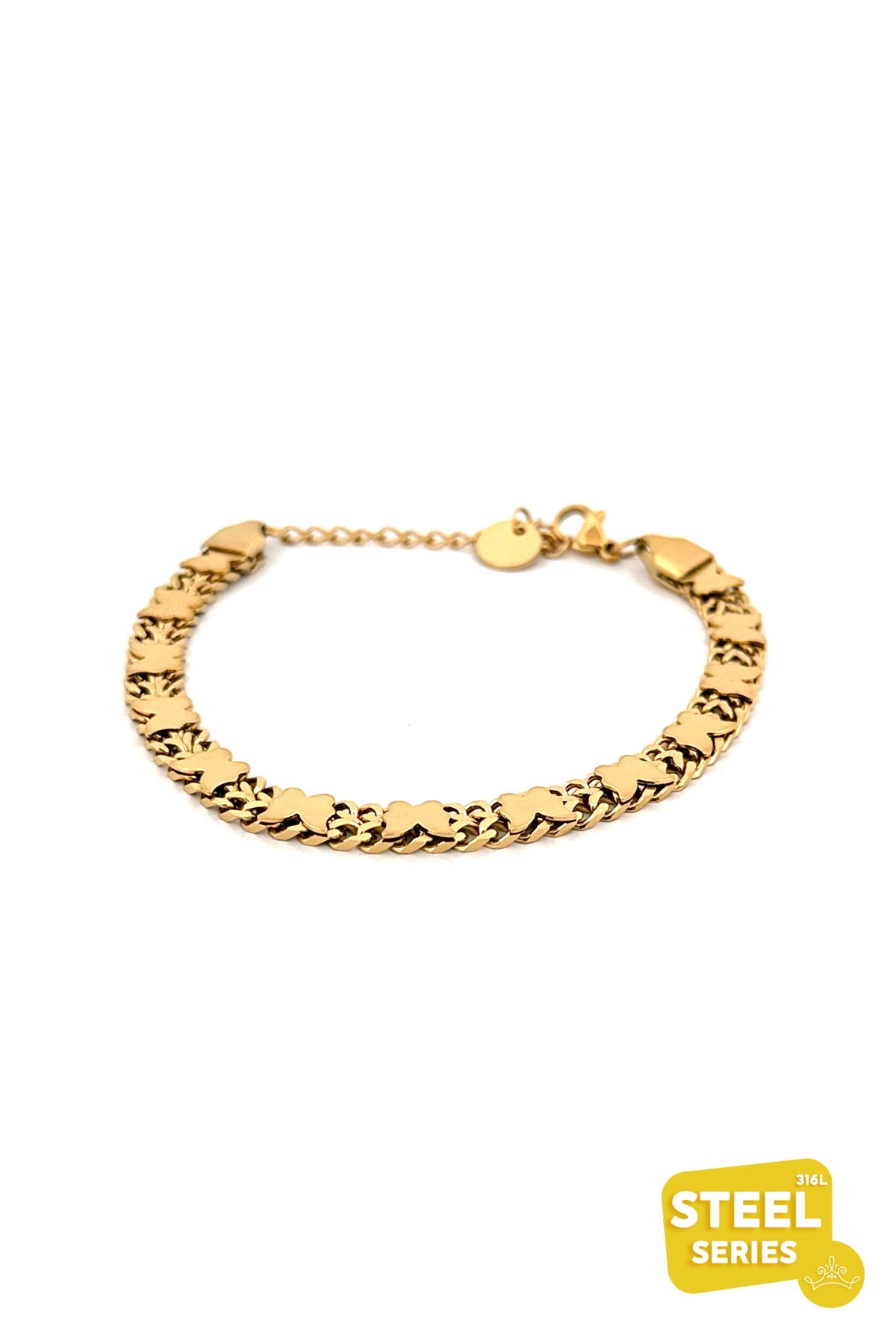 Gold Kalın Zincir Basic Sıra Kelebekler Tasarım Çelik Bileklik ABL7055