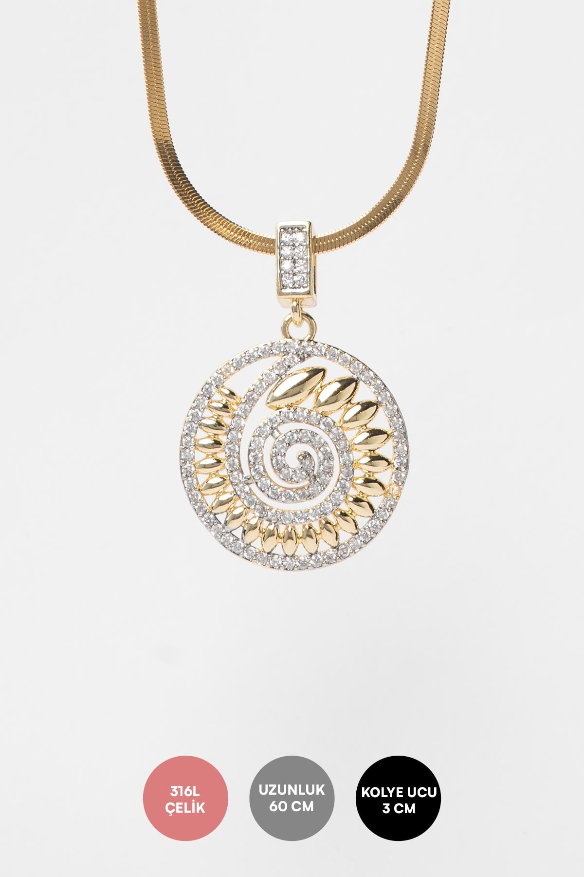 Gold Slim İtalyan Zincir Zirkon Detaylı Spiral Çember Sallantılı 60cm Çelik Kolye AKL4116