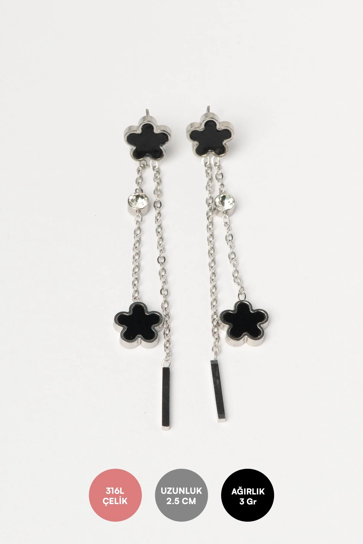Silver Siyah Mineli Beş Yaprak Yonca Sallantılı Çelik Küpe AKE9263