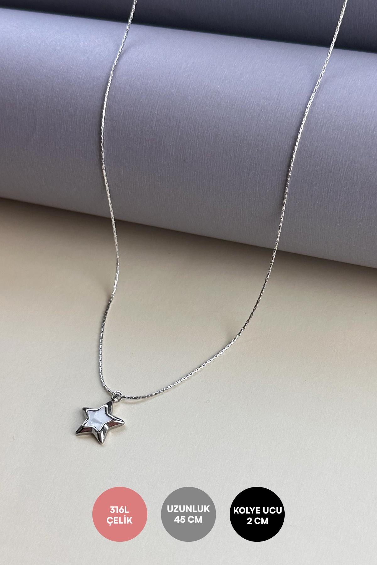 Silver Sedef Detay Yıldız Sallantılı 45cm Çelik Kolye AKL4008