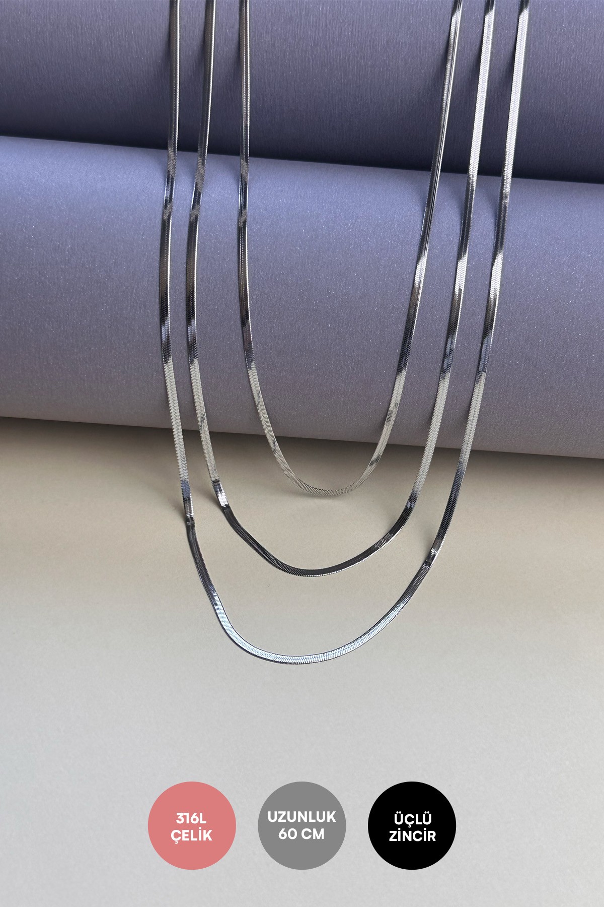 Silver Slim Çoklu İtalyan Zincir Tasarım Çelik Kolye 45 cm AKL3631