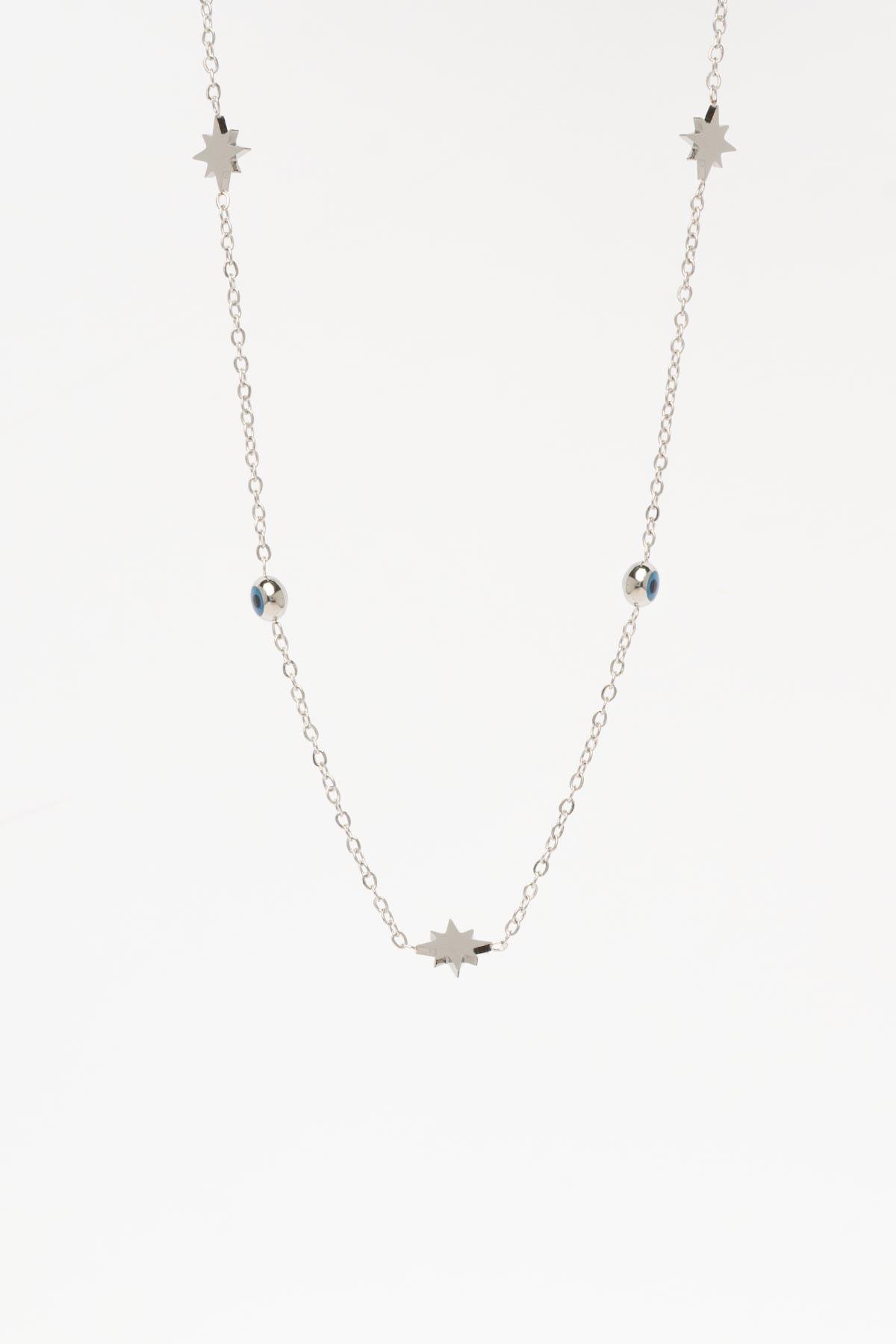 Silver Minimal Zincir Mini Kuzey Yıldızı Sıralı Nazarlık Detay 45cm Çelik Kolye AKL4366
