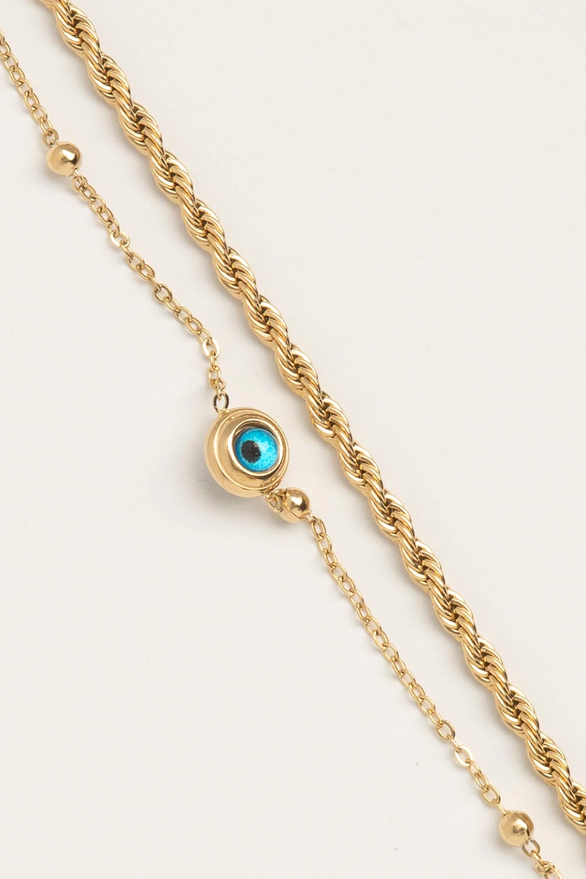 Gold Burgu Tasarım Ve Minimal Topçuk Sıralı Çift Zincir Nazarlık Sallantılı Çelik Bileklik ABL7543