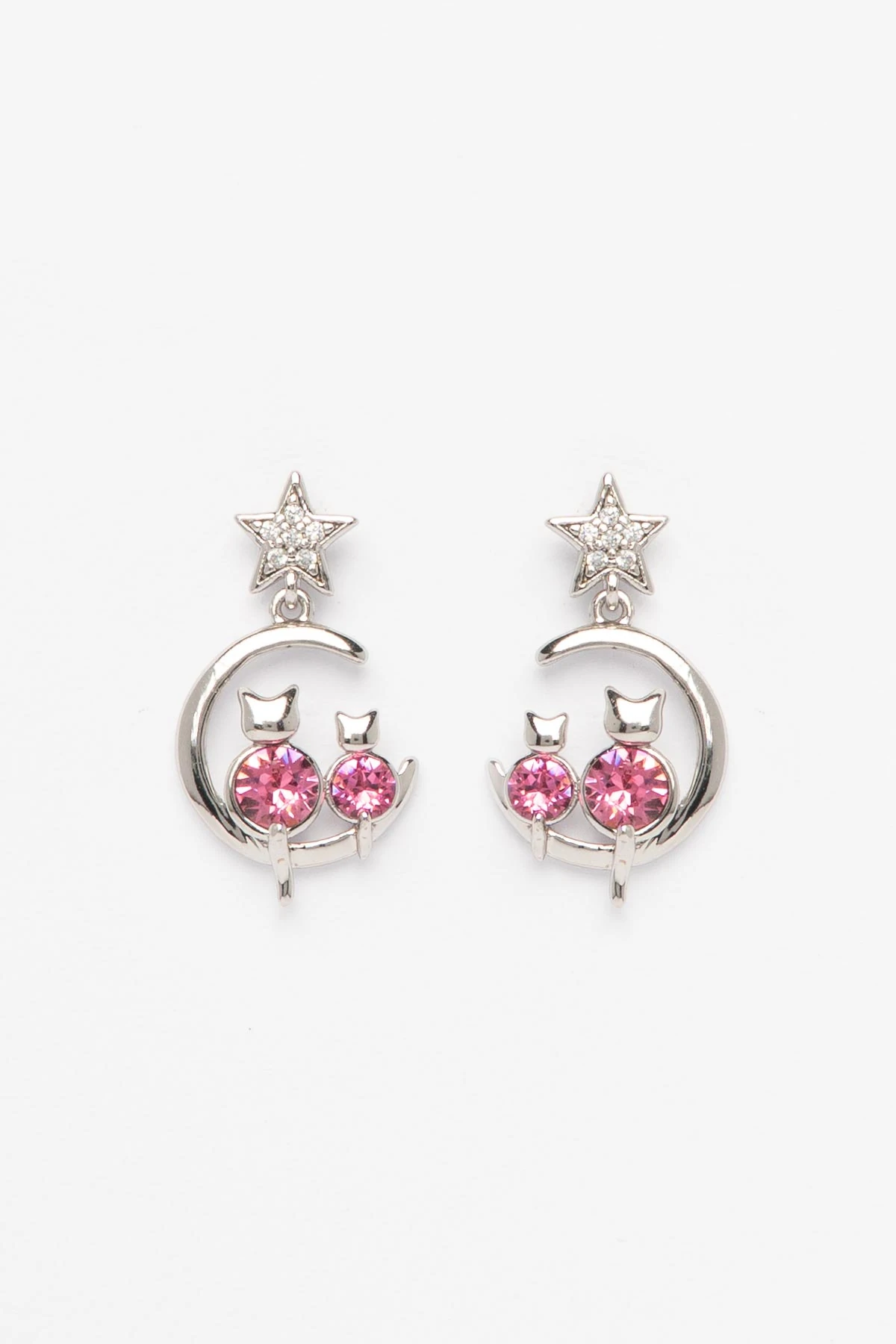Silver Zirkon Detay Yıldız Ve Ayda Oturan Pembe Taşlı Kediler Luxury Küpe AKE9549