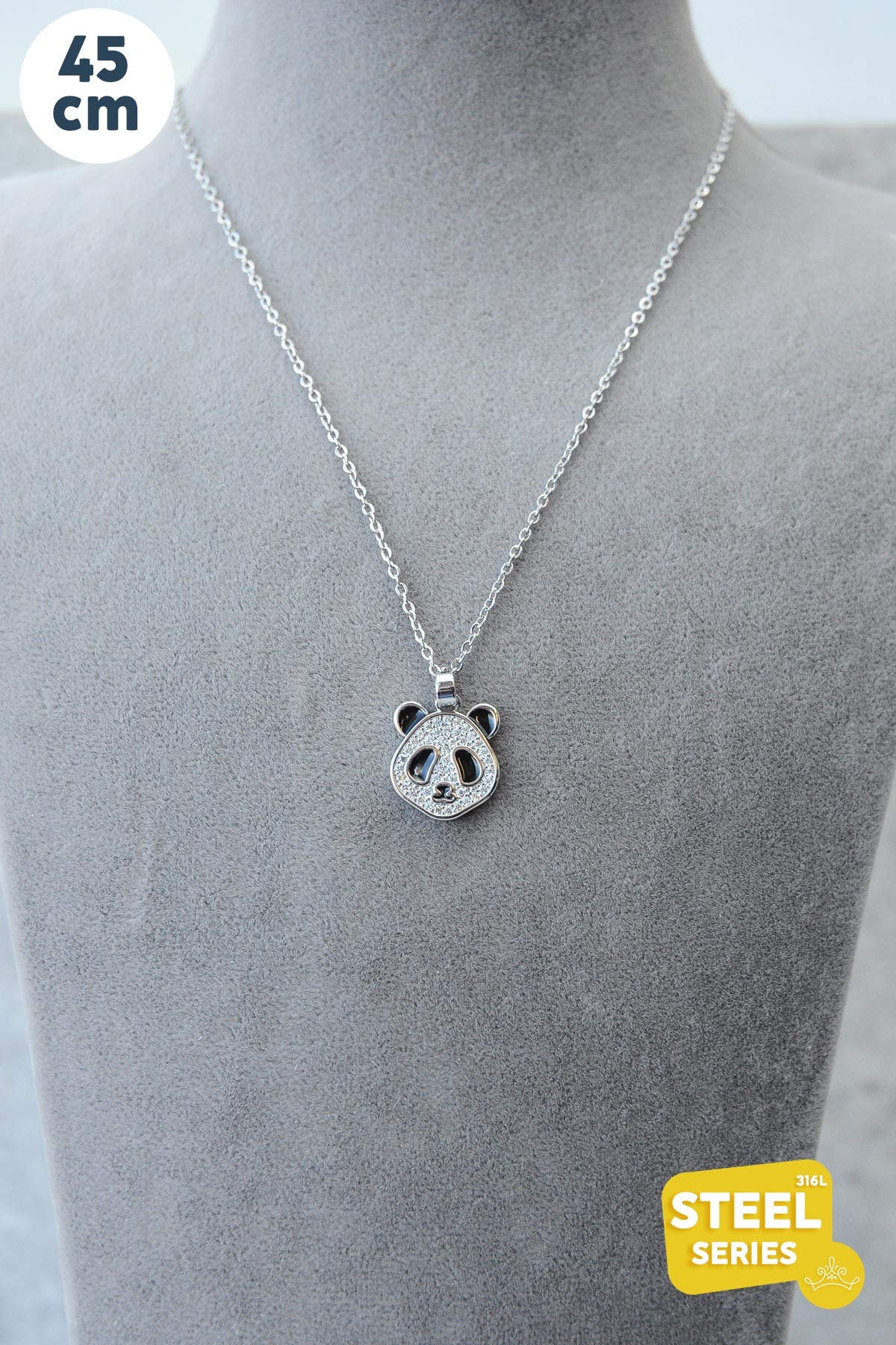 Silver Zirkon Taş Detay Panda Çelik Kolye AKL2494