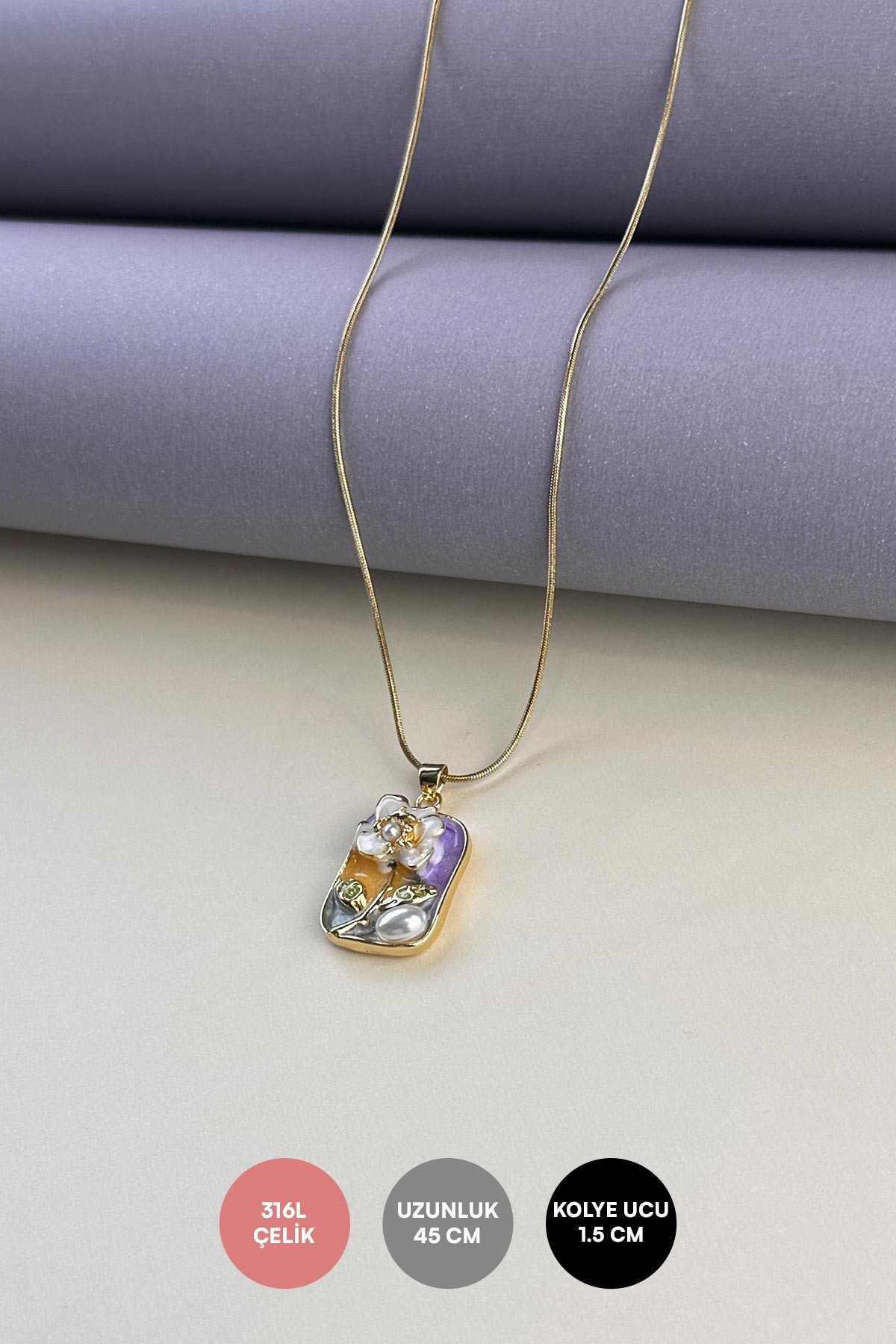 Gold Minimal Boru Zincir Renkli Arka Fon Sedef Ve Akrilik Detay Çiçek Tasarım Çelik Kolye 45 cm AKL3928