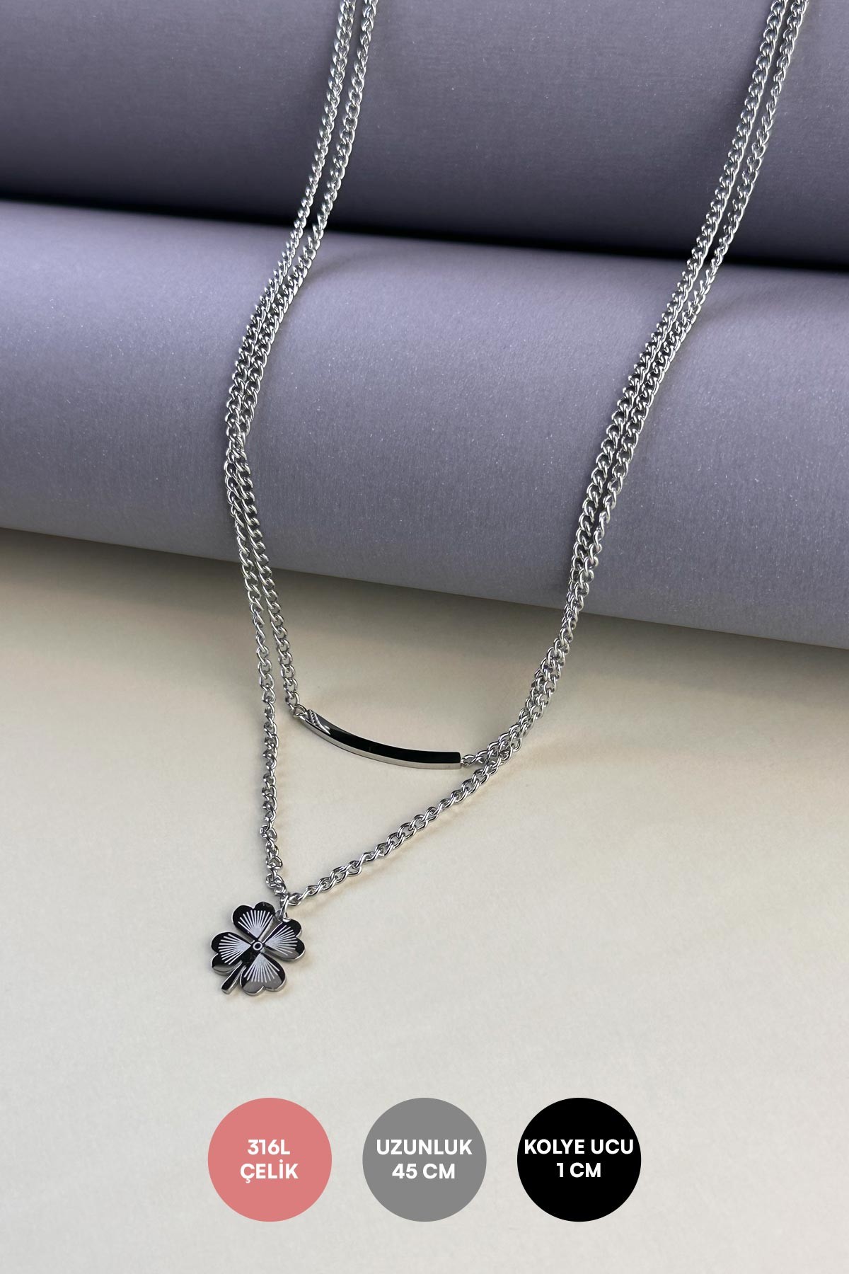 Silver Çift Zincir Oval Bar Ve Yonca Tasarım Çelik Kolye 45 cm AKL3871
