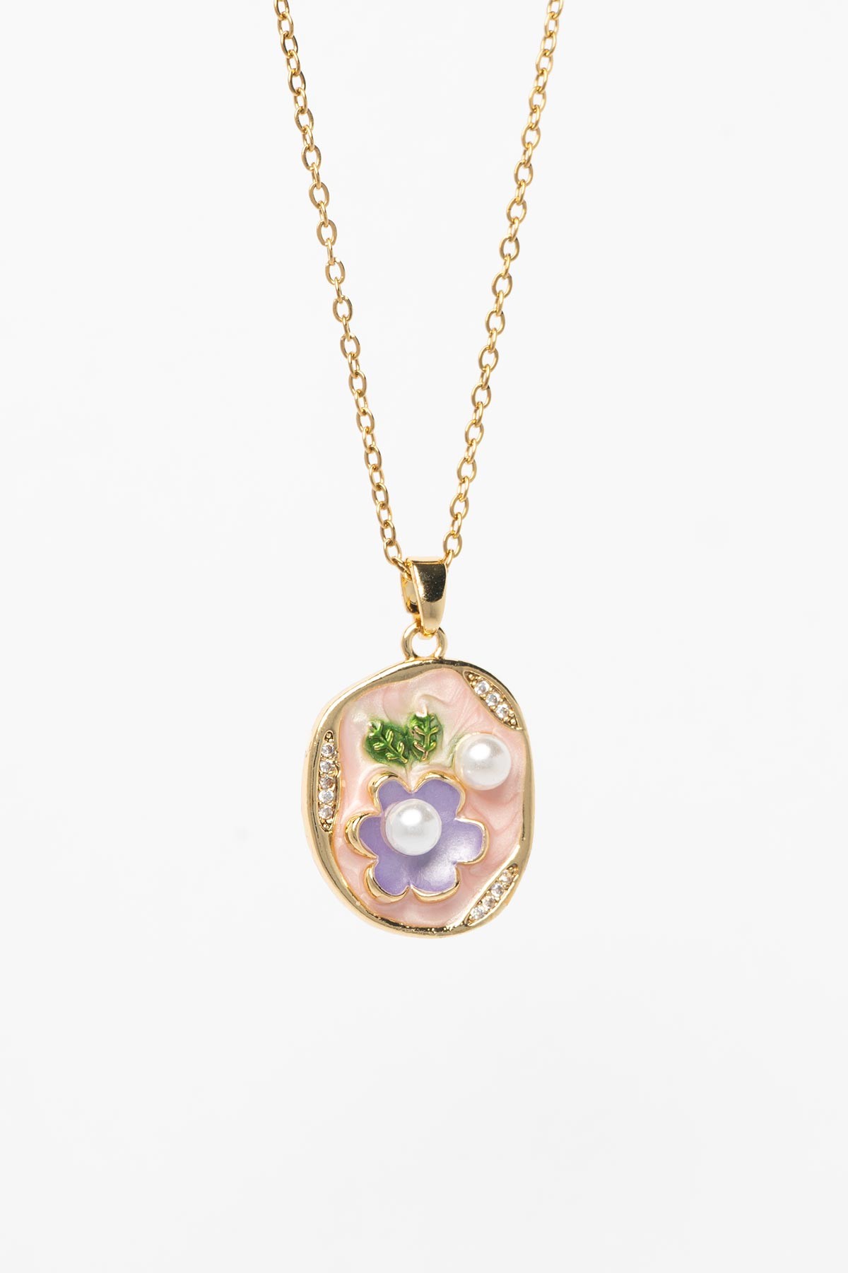 Gold Minimal Zincir Pembe Mineli Minimal İncili Mor Çiçek Madalyon Tasarım Çelik Kolye 45 cm AKL4062