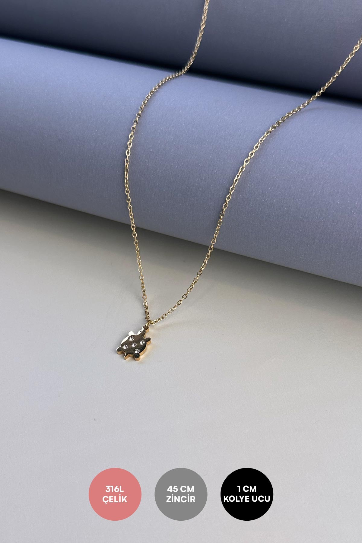 Gold Minimal Zincir Zirkon Detay Kaplumbağa Sallantılı Çelik Kolye 45 cm AKL3772