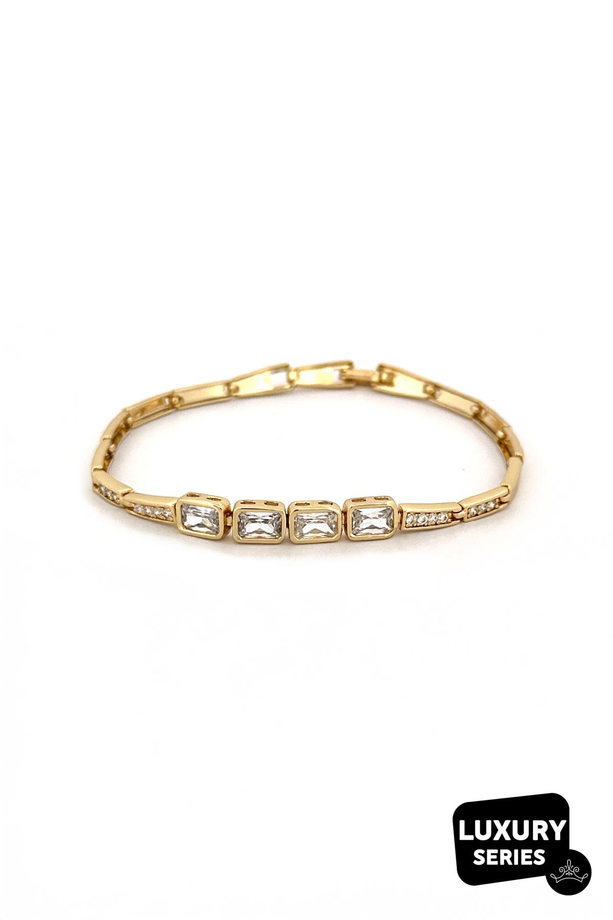 Gold Külçe Zincir Tasarım Dikdörtgen Kristal Sıra Taşlar Luxury Bileklik ABL7035