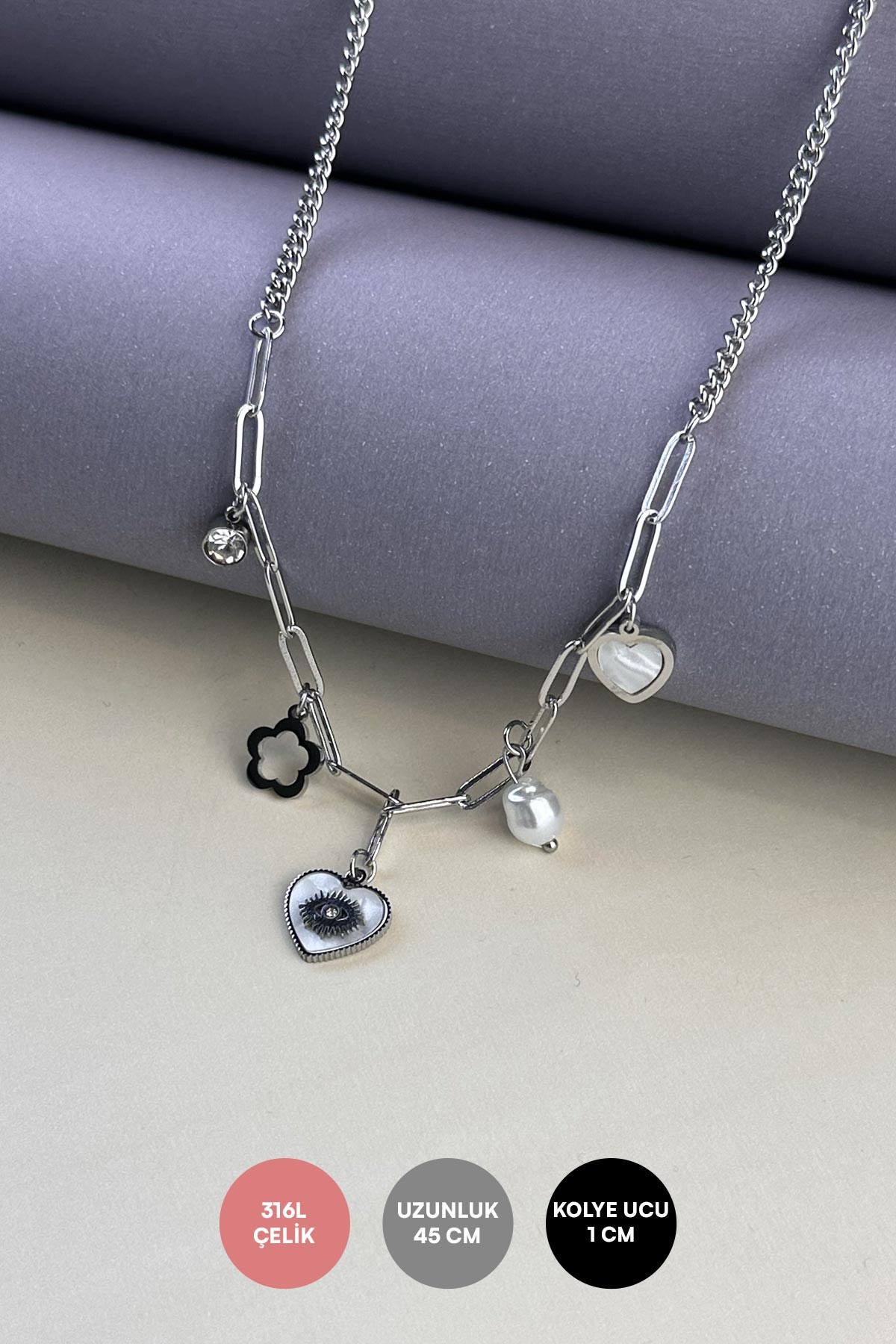Silver İnci Detay Sedefli Kalper Tasarım Çelik Kolye 45 cm AKL3937