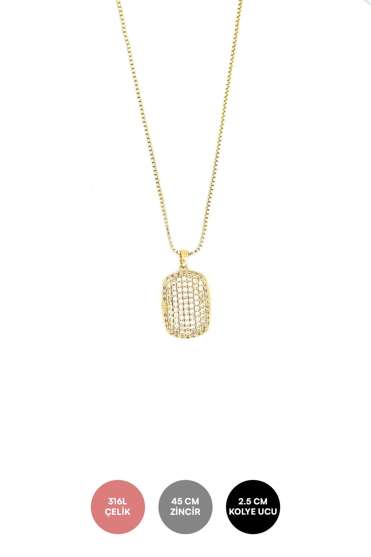 Gold Açılabilir Zirkon Kapaklı Oval Dikdörtgen Çelik Kolye 45 cm AKL3825