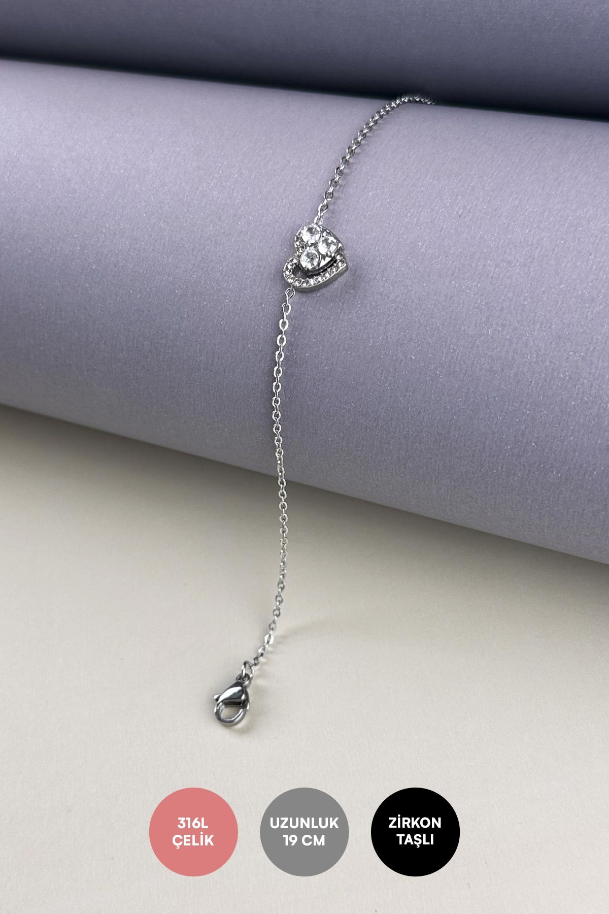Silver Minimal Zincir Zirkon Detay Kristal Kalp Tasarım Çelik Bileklik ABL7062