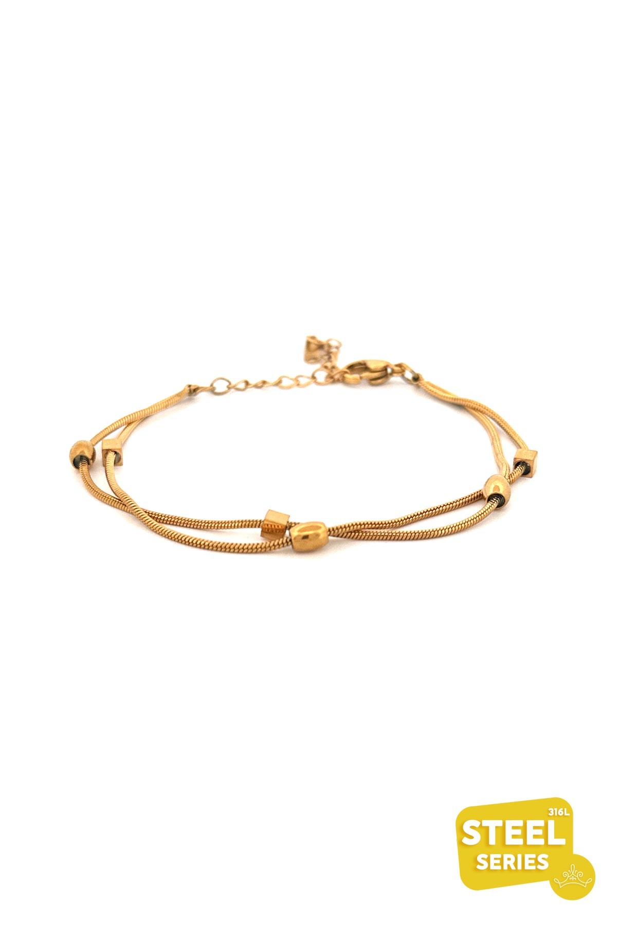 Gold Çift Boru Zincir Mini Küpçük Ve Oval Boncuk Detay Künye Çelik Bileklik ABL6211