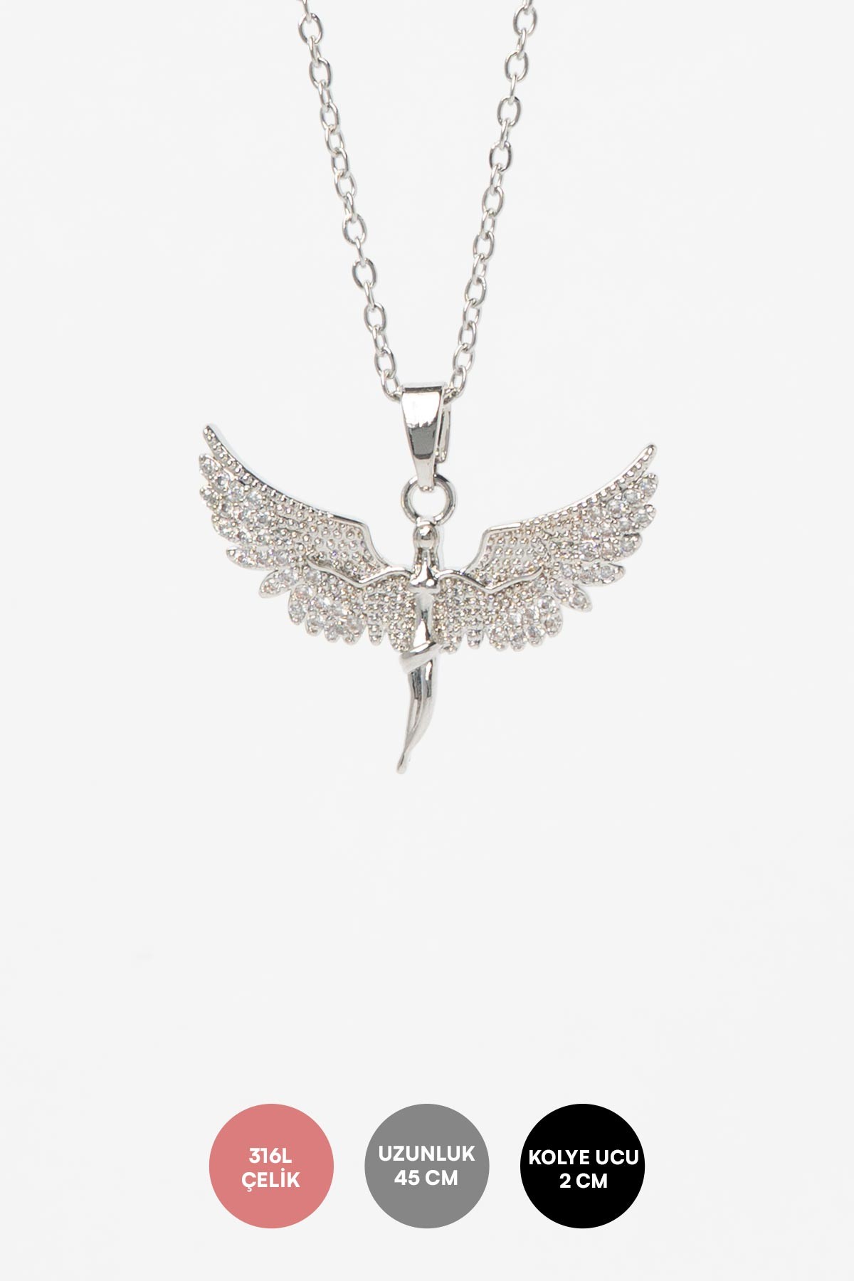 Silver Minimal Zincir Tektaş Kaplı Kanatlı Melek Sallantılı Çelik Kolye 45 cm AKL4079